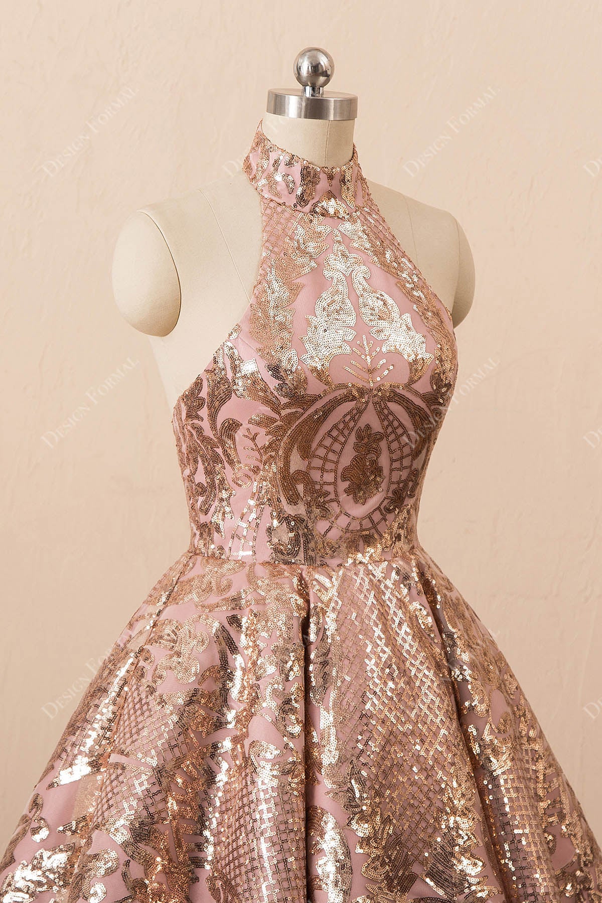 rose gold sequin sleeveless top with halter neck