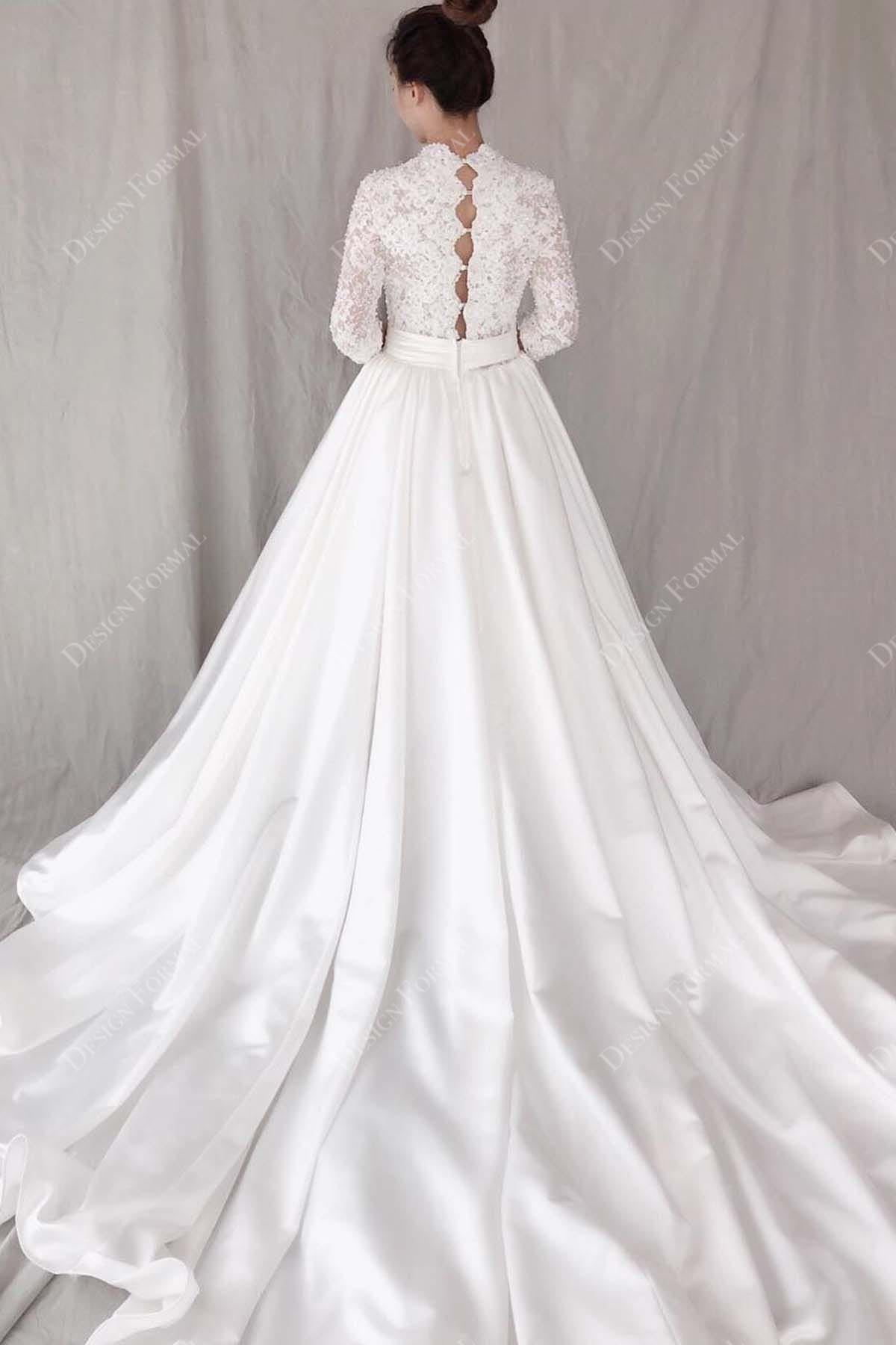illusion back A-line satin long train bridal dress