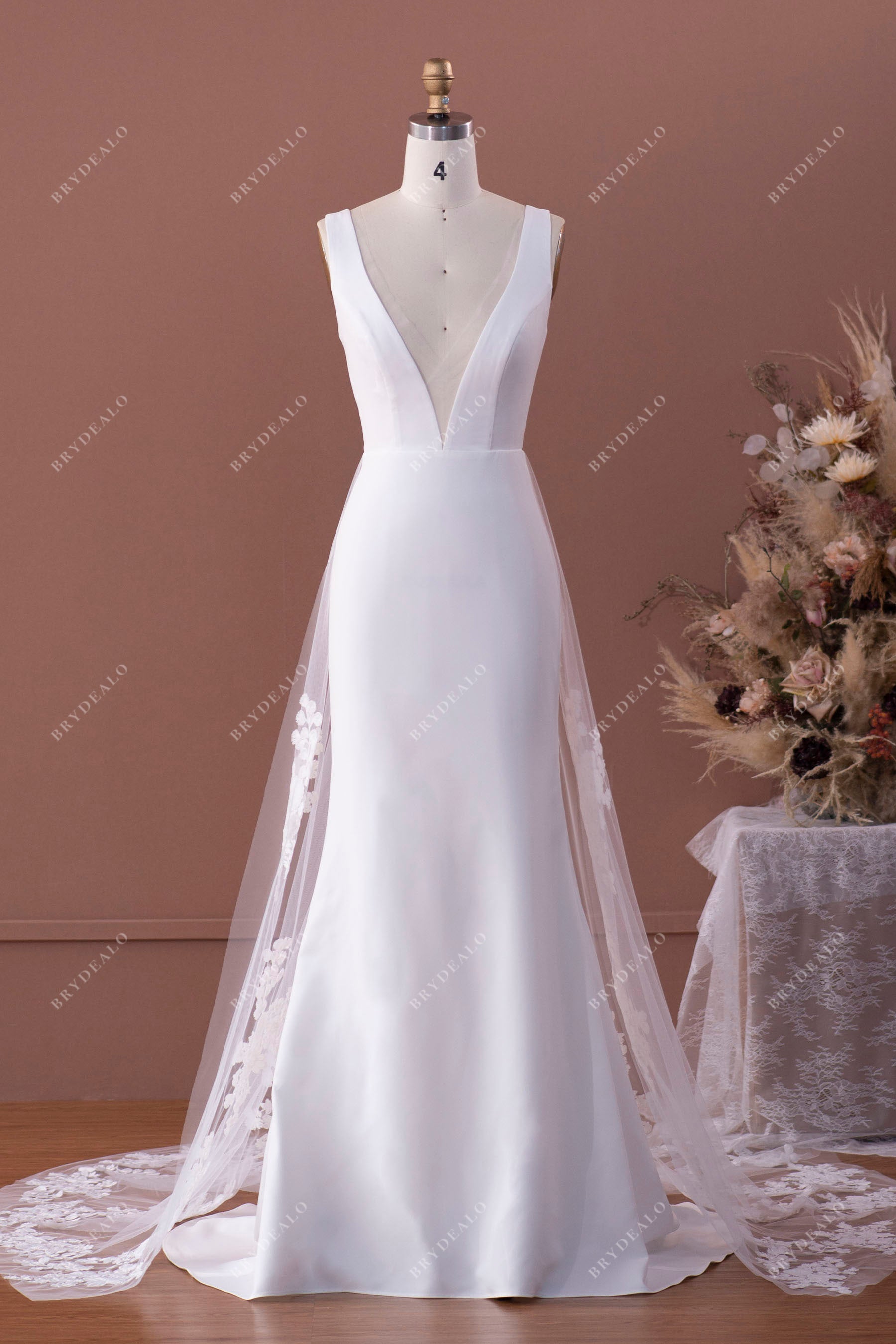 Crepe Mermaid Wedding Dress with Stylish Lace Panel Train Crepe Mermaid Wedding Dress with Stylish Lace Panel Train