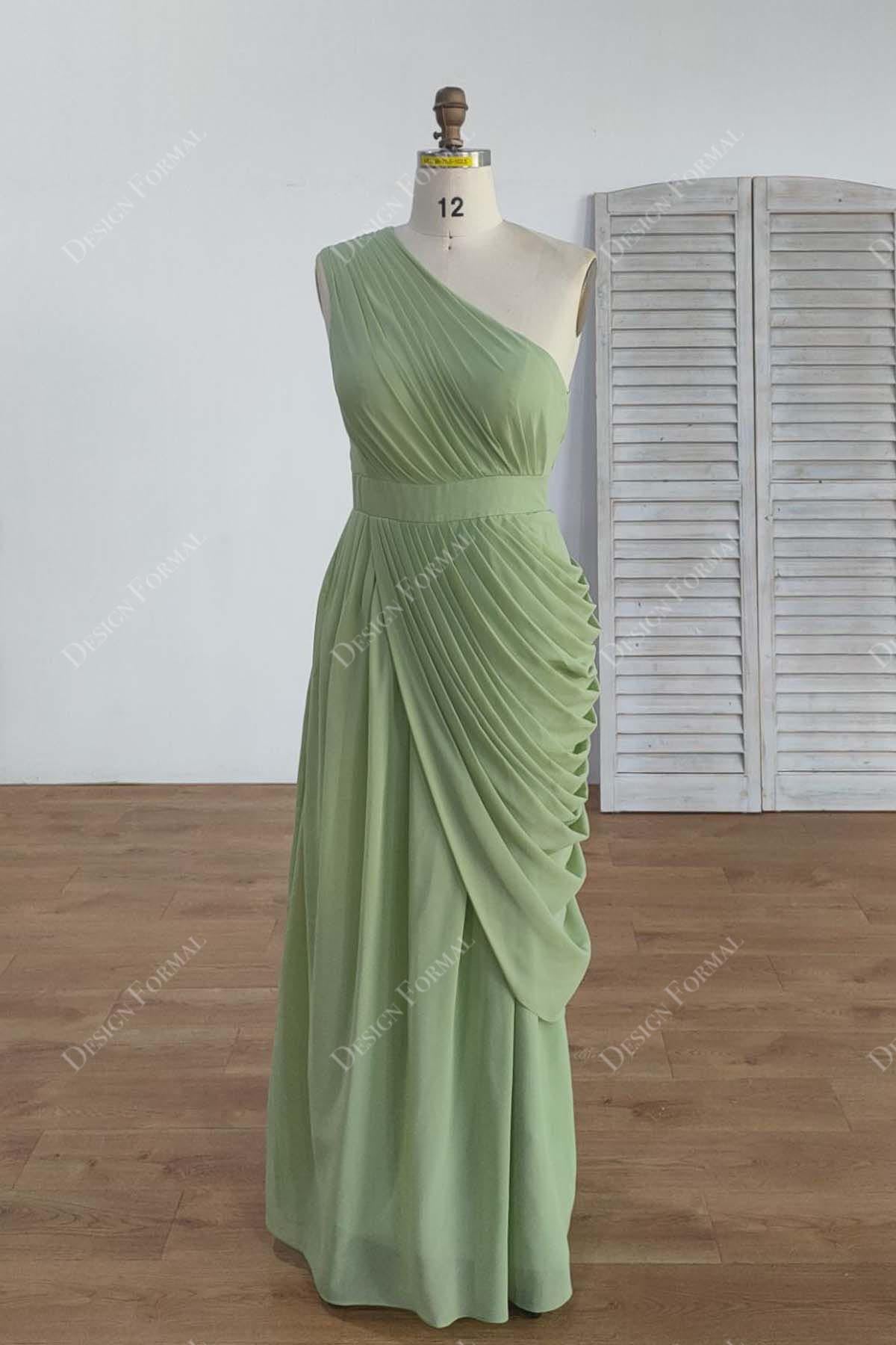 Sage Ruched One-shoulder Chiffon Bridesmaid Dress