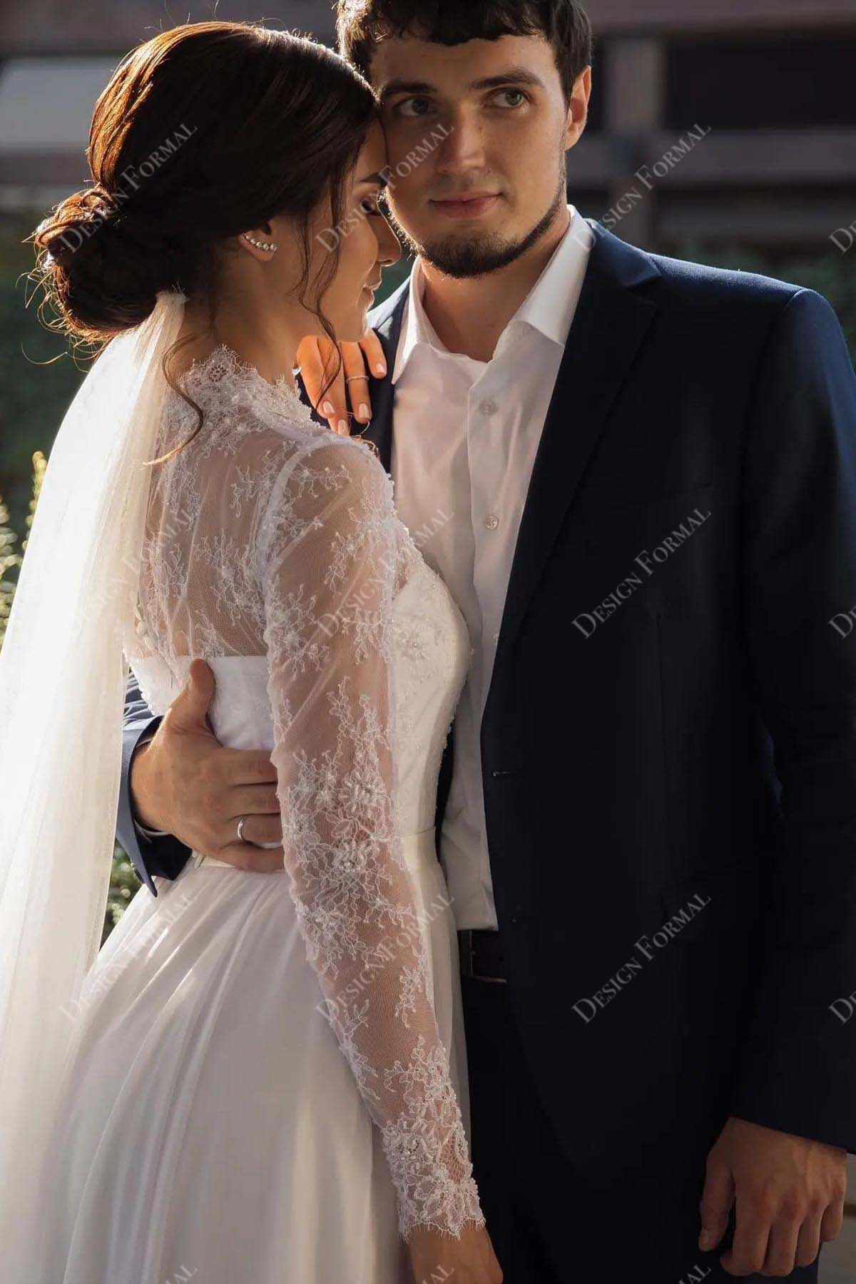 elegant lace chiffon illusion long sleeve wedding gown