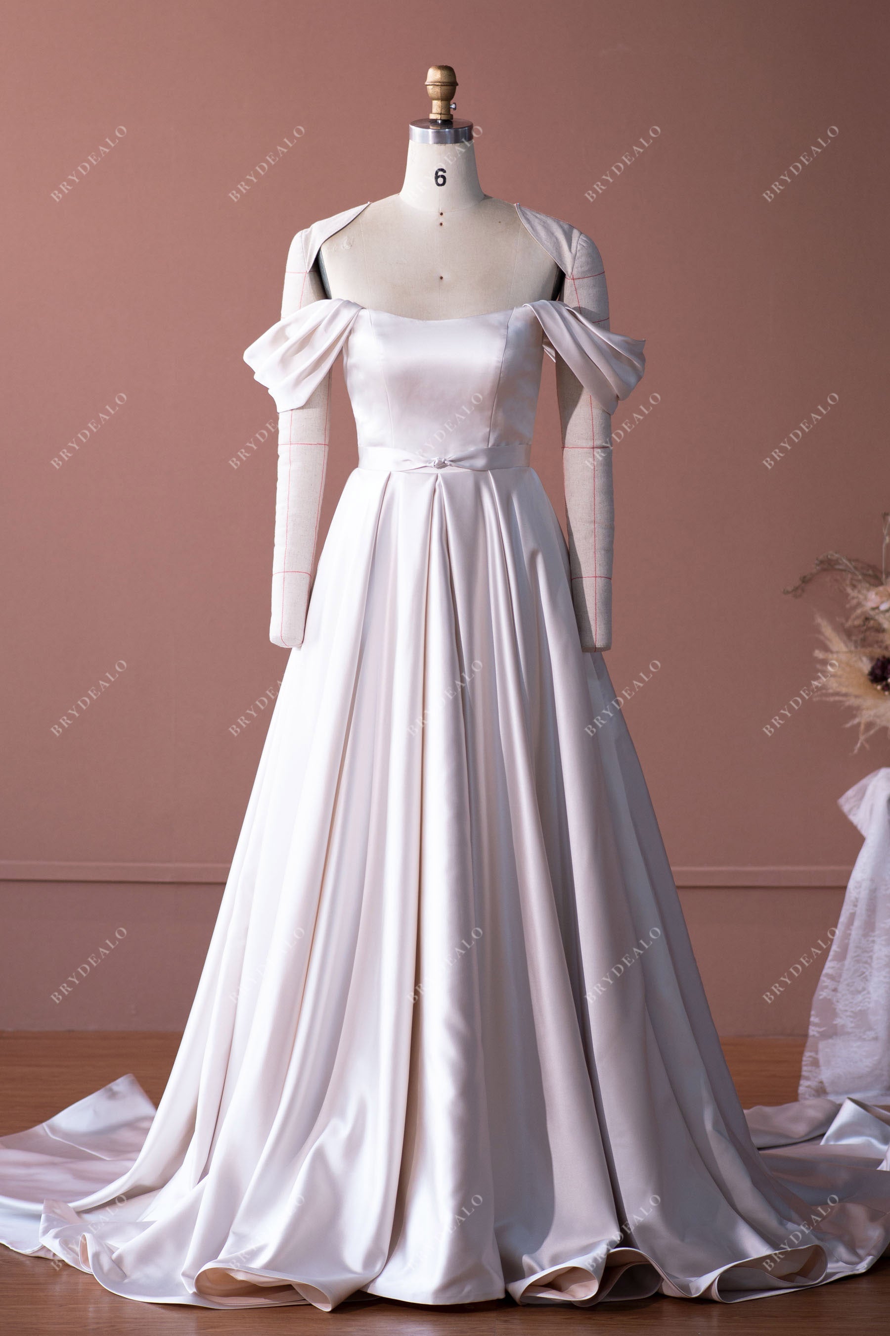 Champagne Elegant Off Shoulder Designer Satin A-Line Wedding Dress, Ivory