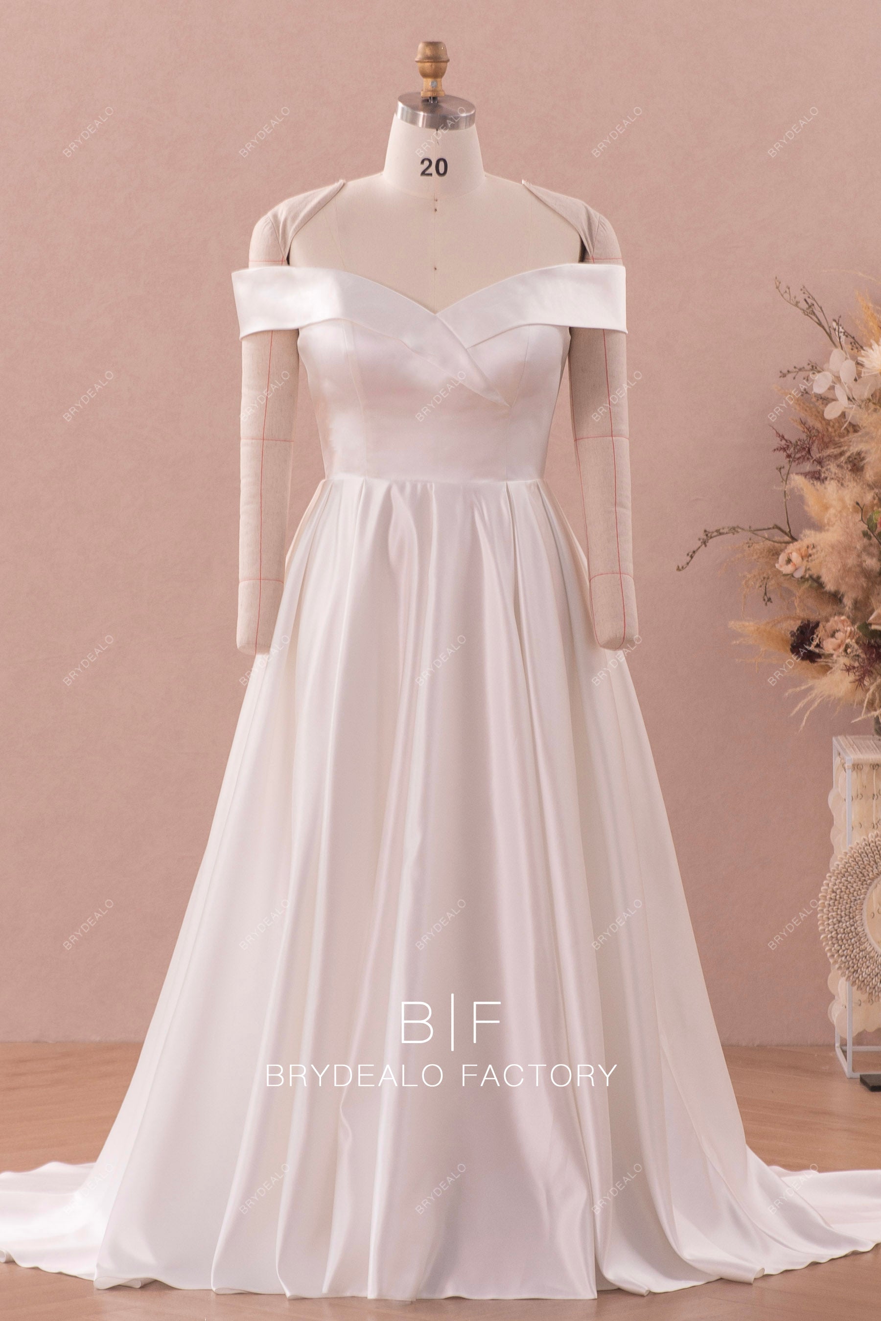 navy blue dress for baby girl Elegant Satin A-Line Off-Shoulder With Pockets Wedding Dress – Movousdress main image 1