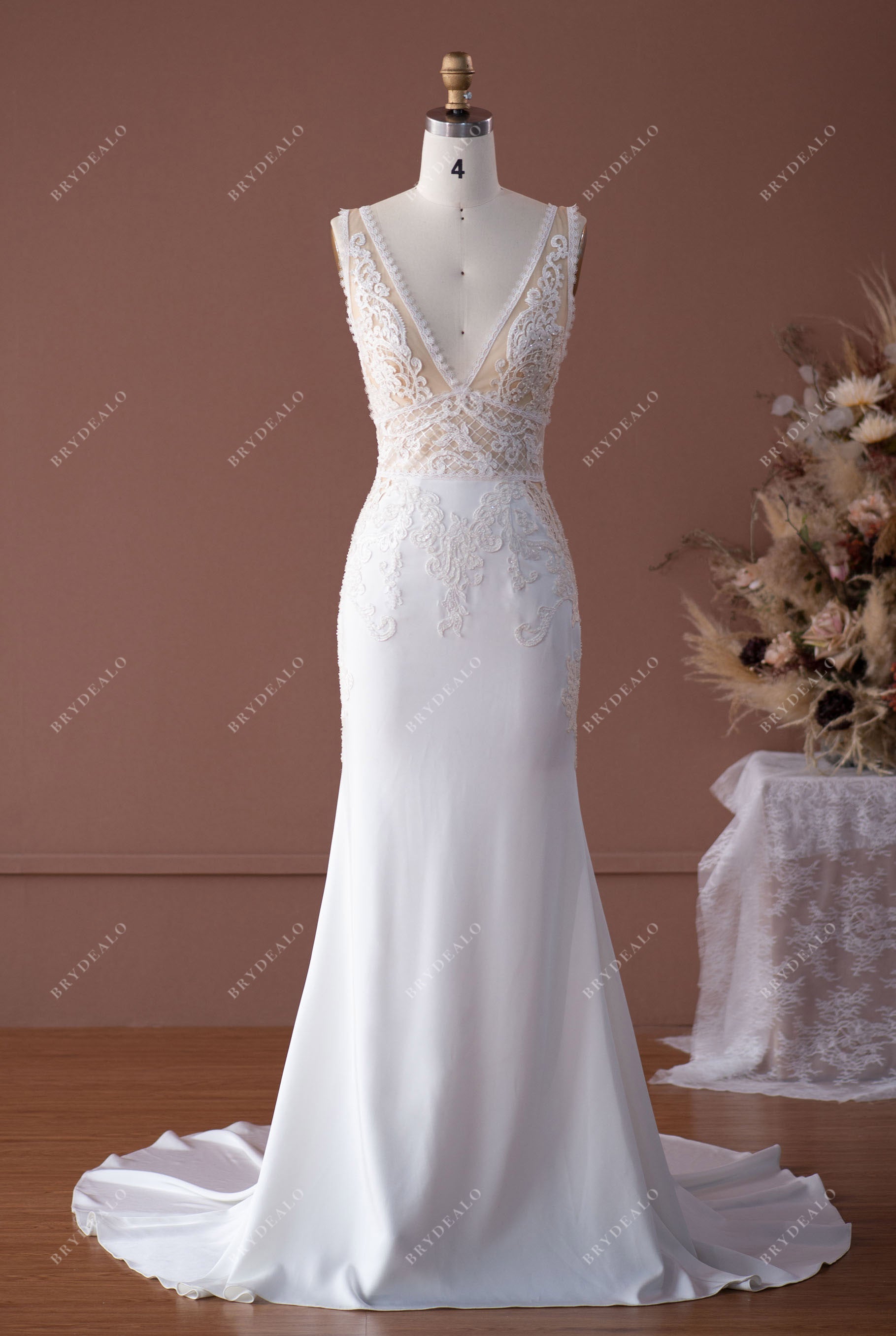 plunging V neck sexy illusion lace bridal dress