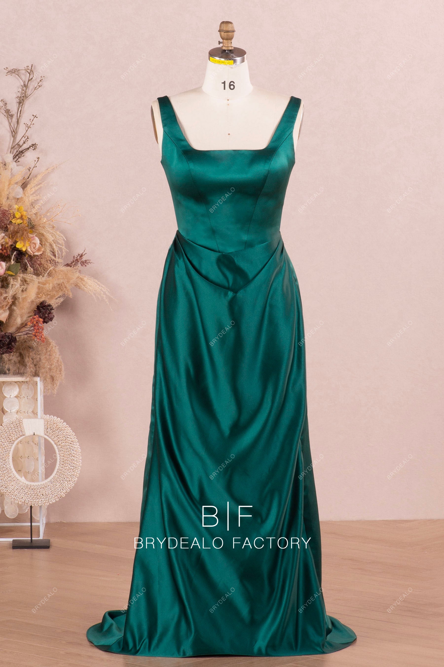 Dark Green Square Neck Satin Non-traditional Bridal Dress