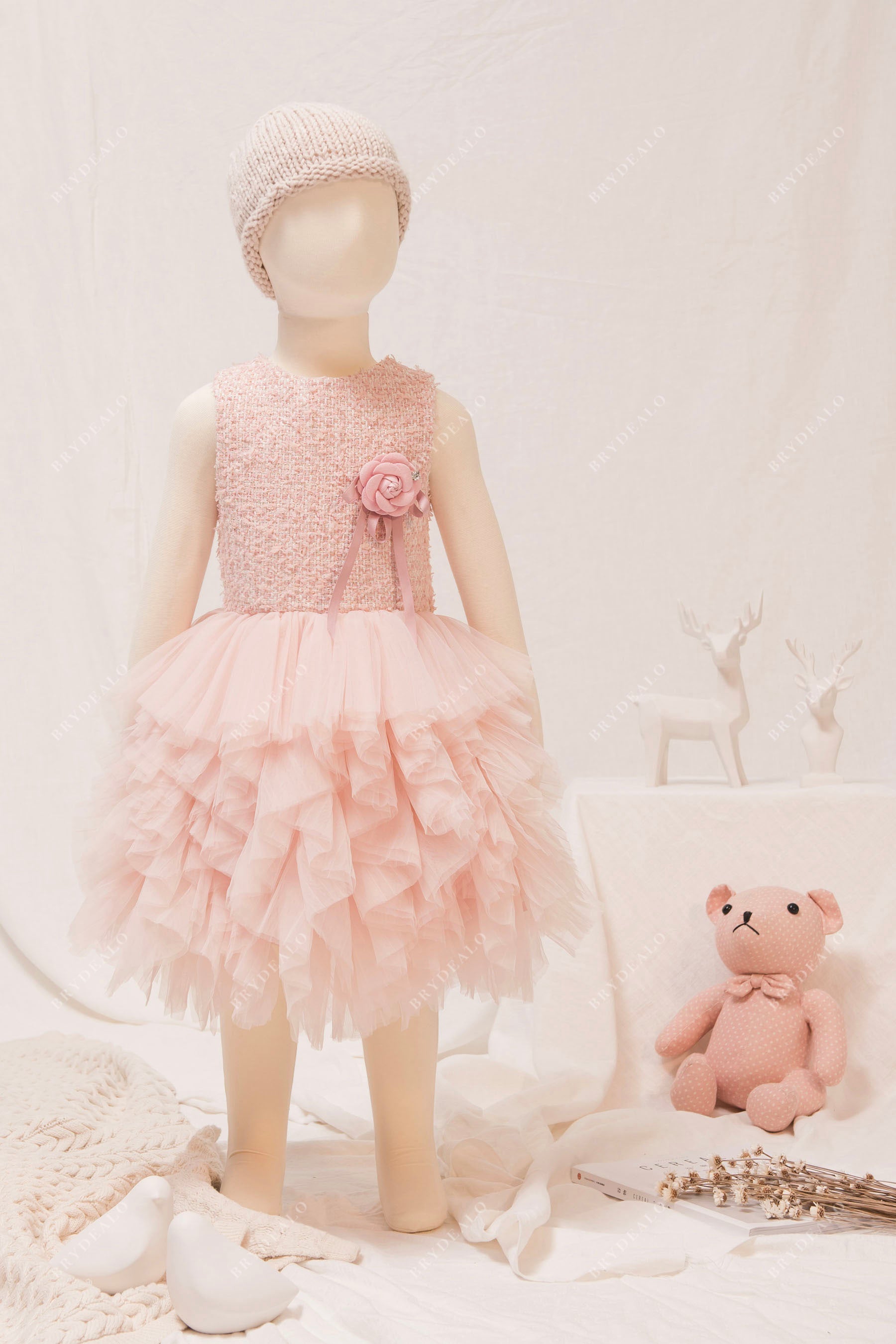 Designer Ruffled Pearl Pink Tiered Tulle Kids Birthday Formal Dress