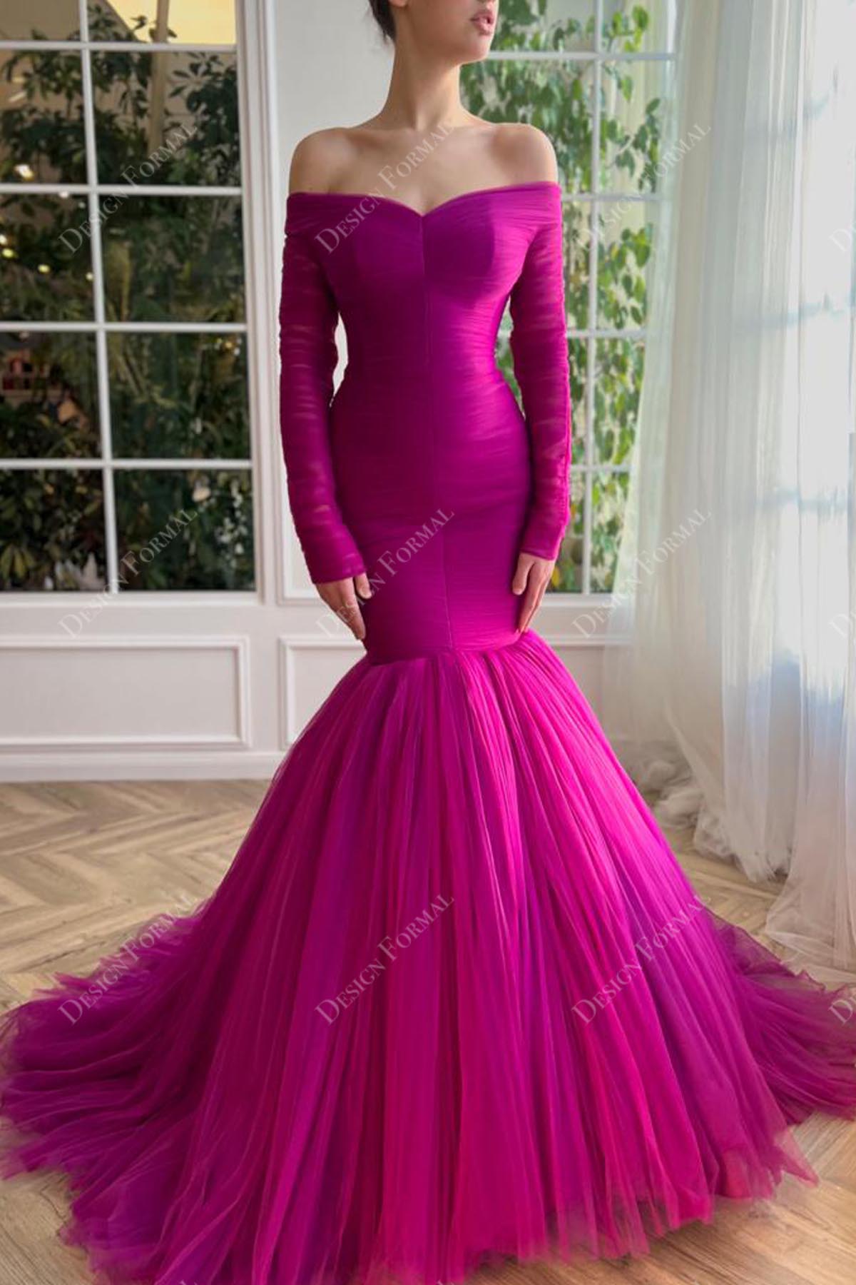 Fuchsia Off Shoulder Long Sleeve Custom Trumpet Prom Evening Bridal Dress Fuchsia Off Shoulder Long Sleeve Custom Trumpet Prom Evening Bridal Dress