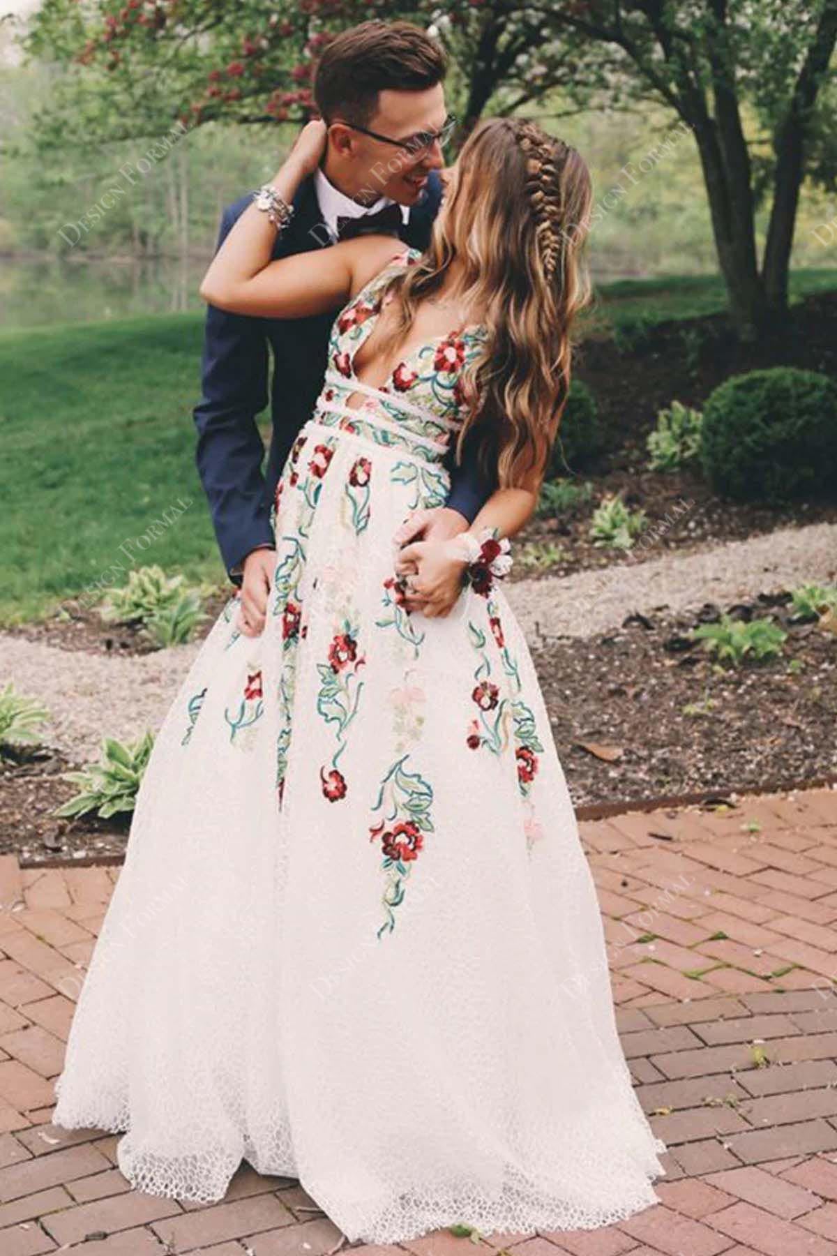 Floral Embroidery Plunging Neck Open Back Custom Prom Bridal Dress Floral Embroidery Plunging Neck Open Back Custom Prom Bridal Dress