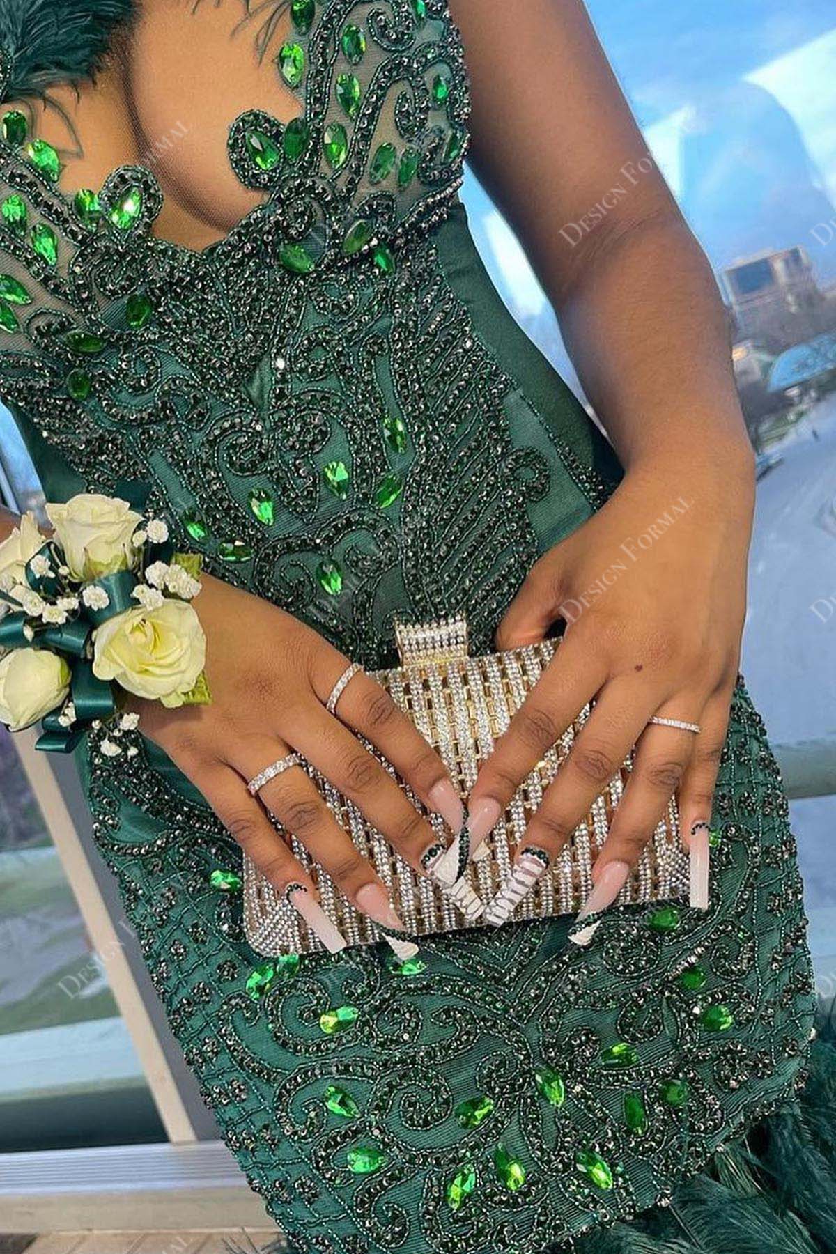 emerald green crystals beaded lace appliqued plunging prom dress