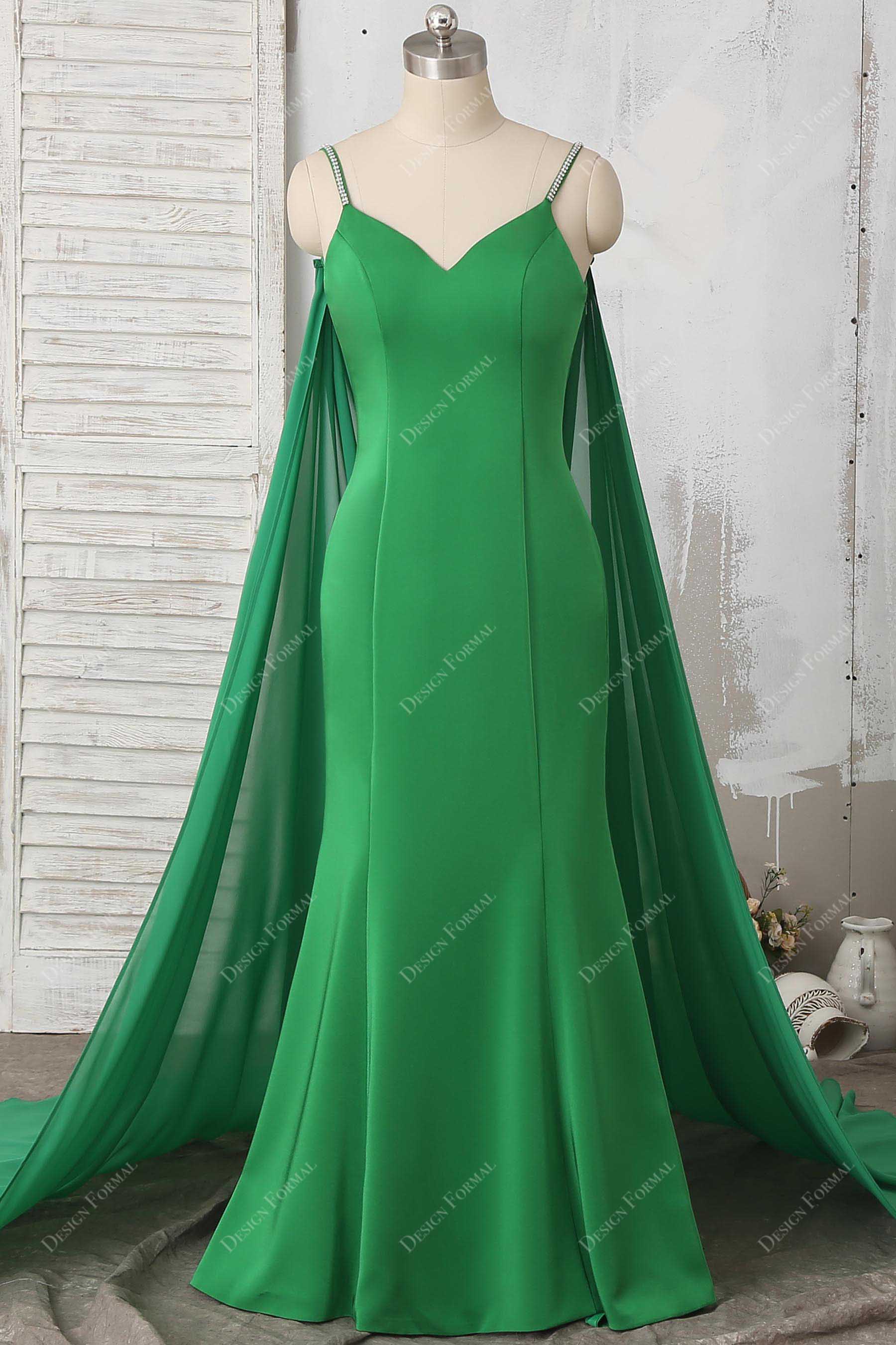 Green Satin thin Straps Mermaid Prom Dress with Chiffon Cape Green Satin thin Straps Mermaid Prom Dress with Chiffon Cape