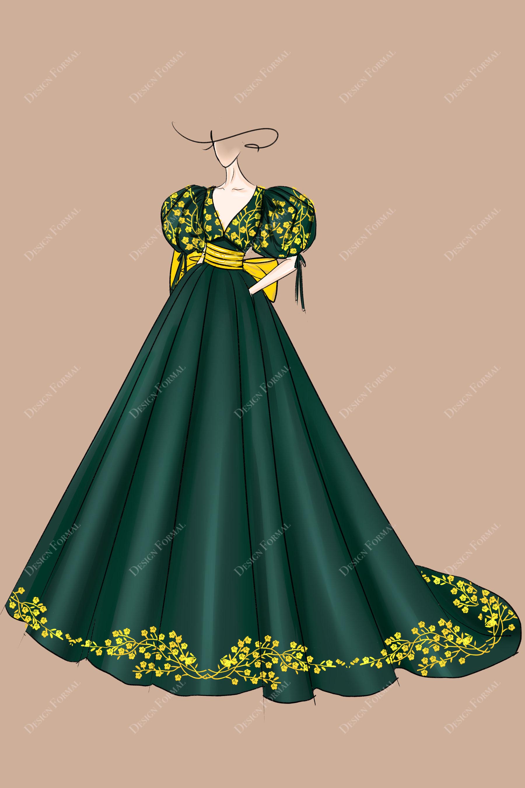 emerald green satin V-neck gold embroidery wedding dress sketch