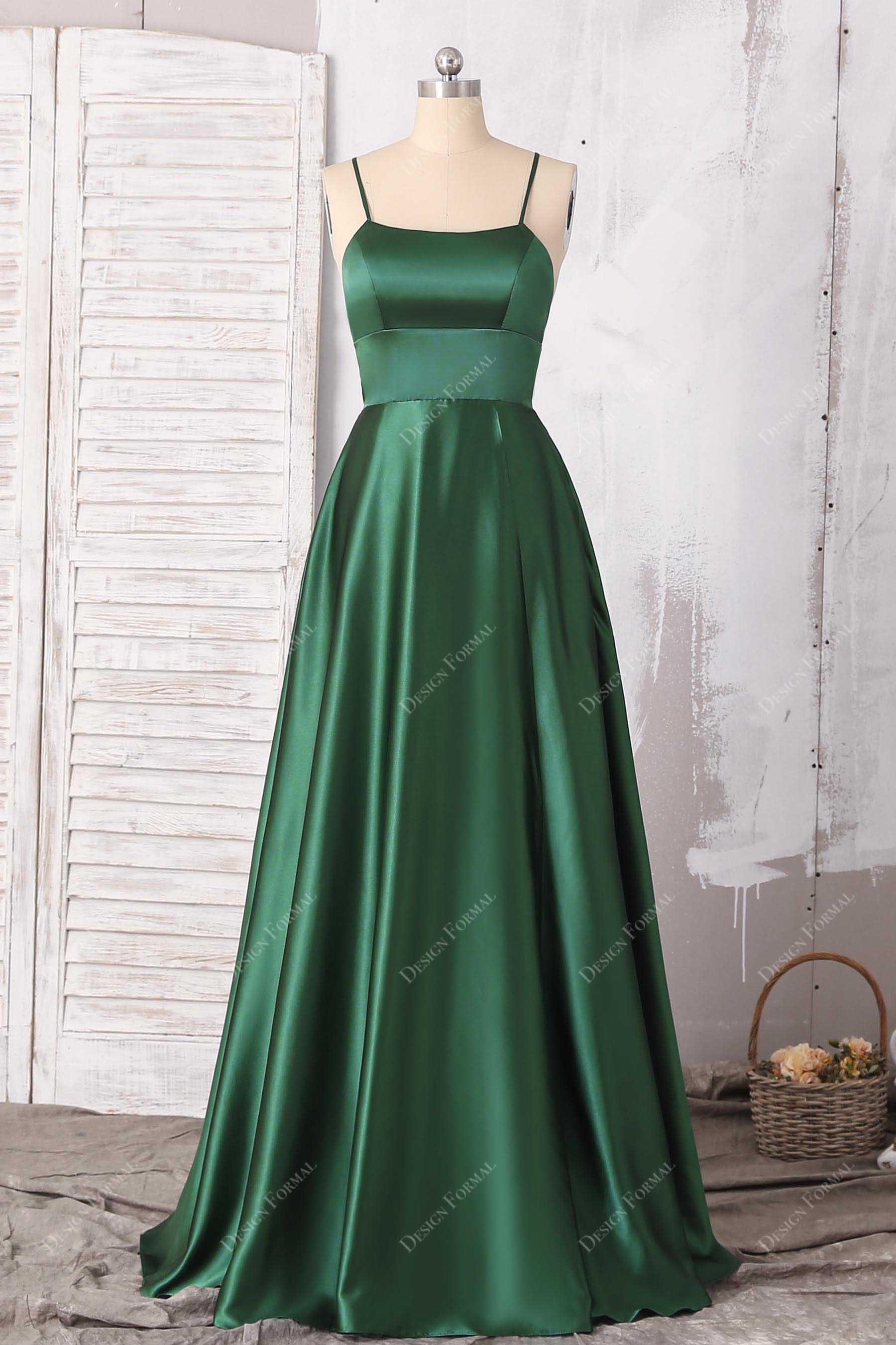 Emerald Green Strappy Back Sexy Slit Simple A-line Satin Dress