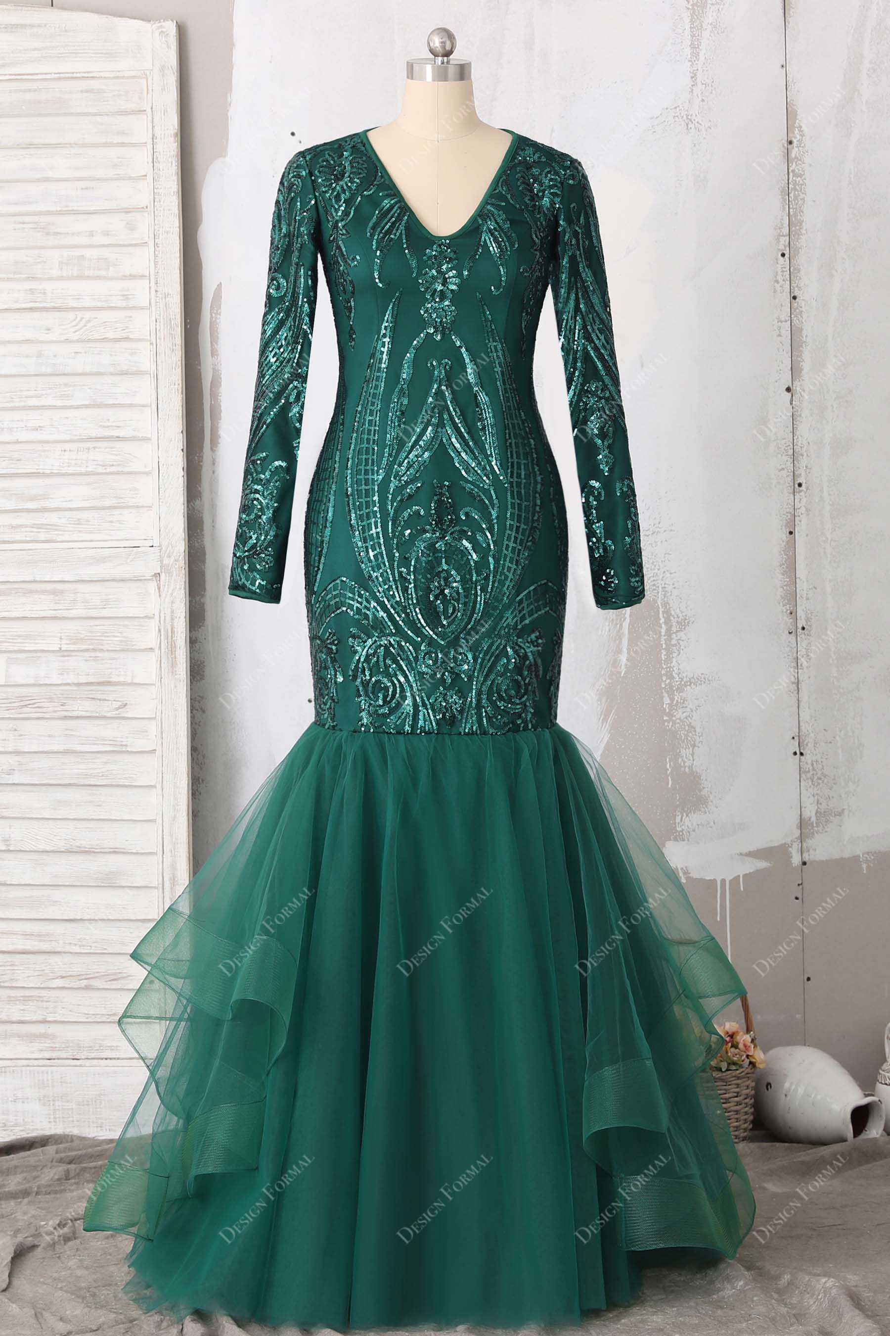 emerald green mermaid dress with sleeves Fabulous Lace Mermaid Dark Green Long Sleeve Off-shoulder Long Prom Dress,  MP197 main image 1