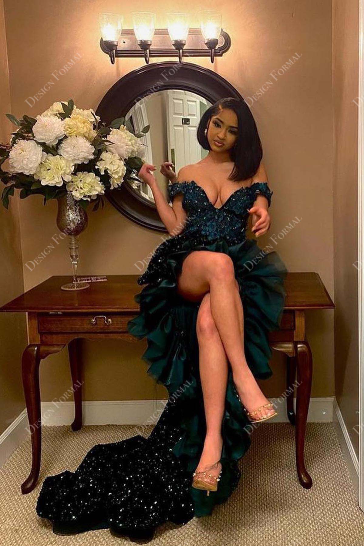 Emerald Sequin Off-shoulder Ruffle Slit Tailor Made Prom Dress Emerald Sequin Off-shoulder Ruffle Slit Tailor Made Prom Dress