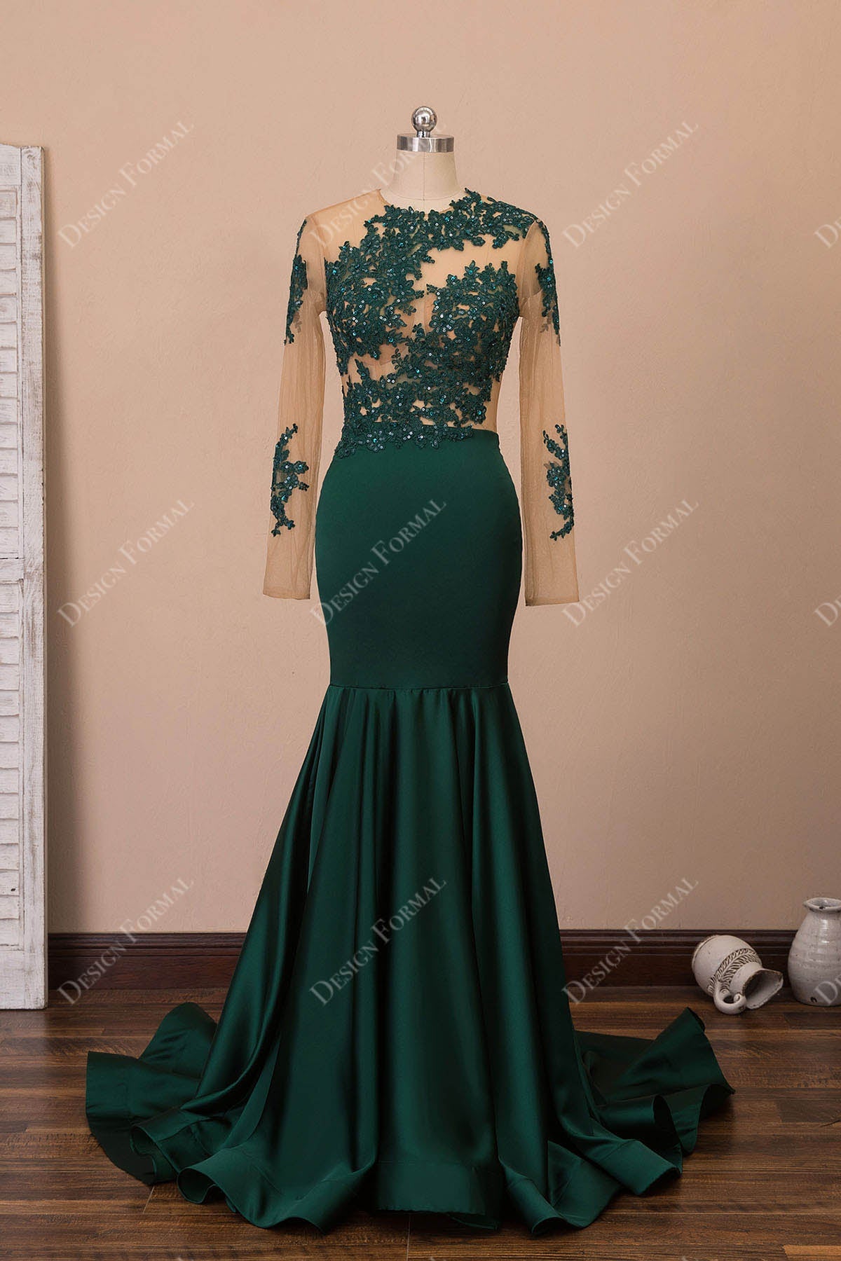 Emerald Green Sexy Sheer Lace Jersey Long Sleeve Mermaid Prom Dress Emerald Green Sexy Sheer Lace Jersey Long Sleeve Mermaid Prom Dress