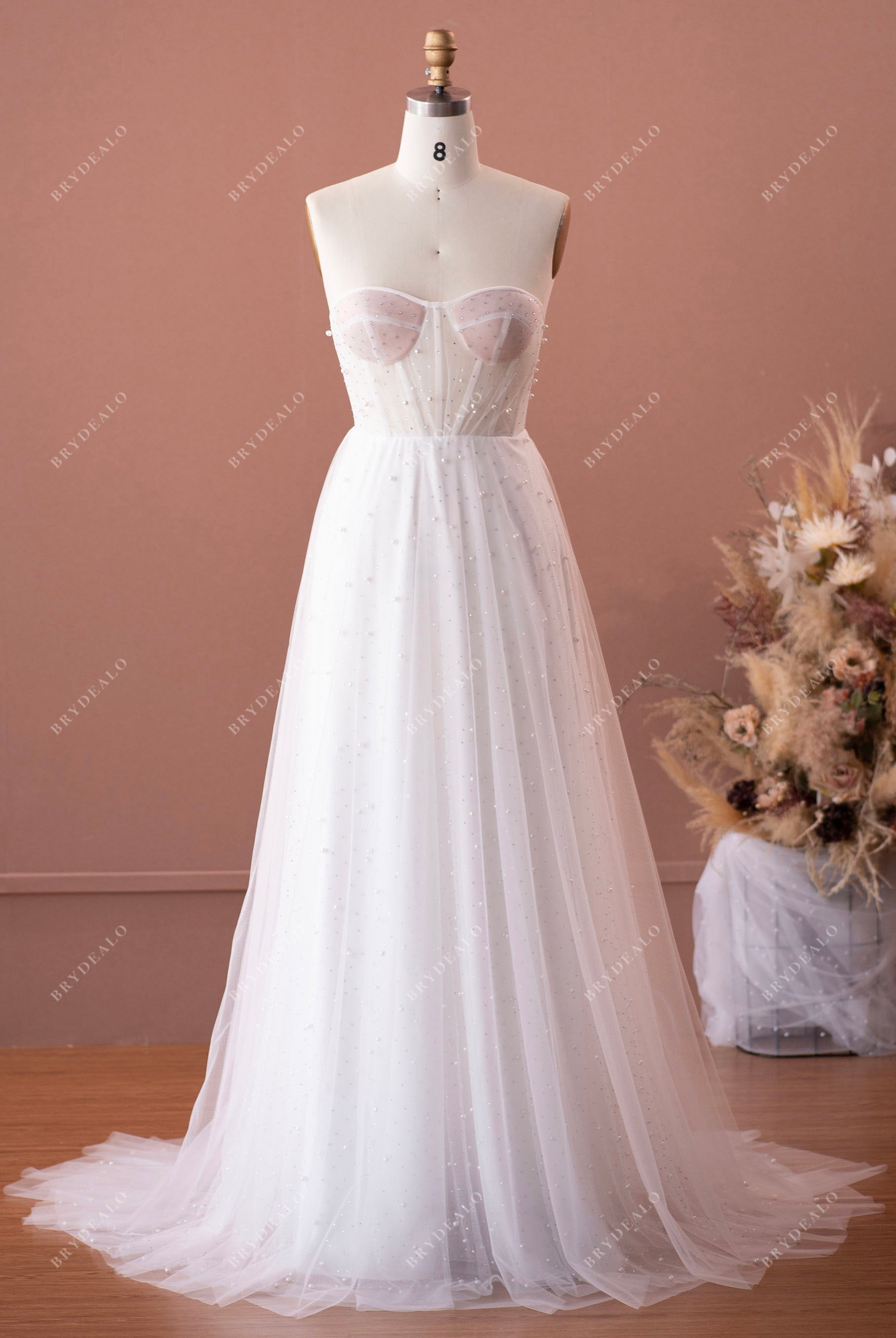 Sparkly Pearl Rhinestone Tulle Strapless Illusion Corset Bridal Gown