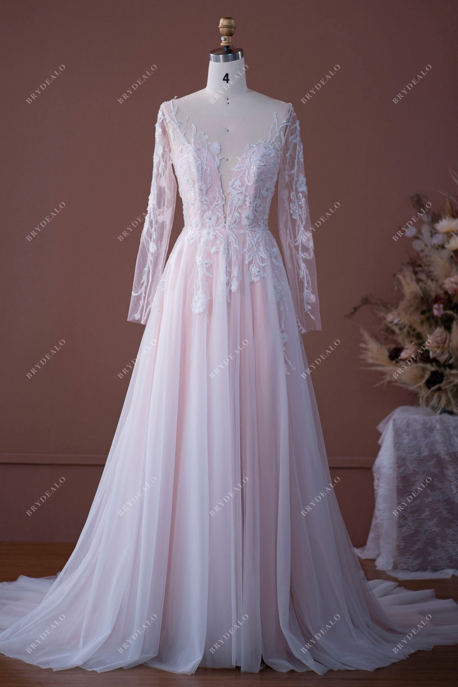 Fairy Pink Lace Tulle Illusion Neck Garden A-line Pink Wedding Dress