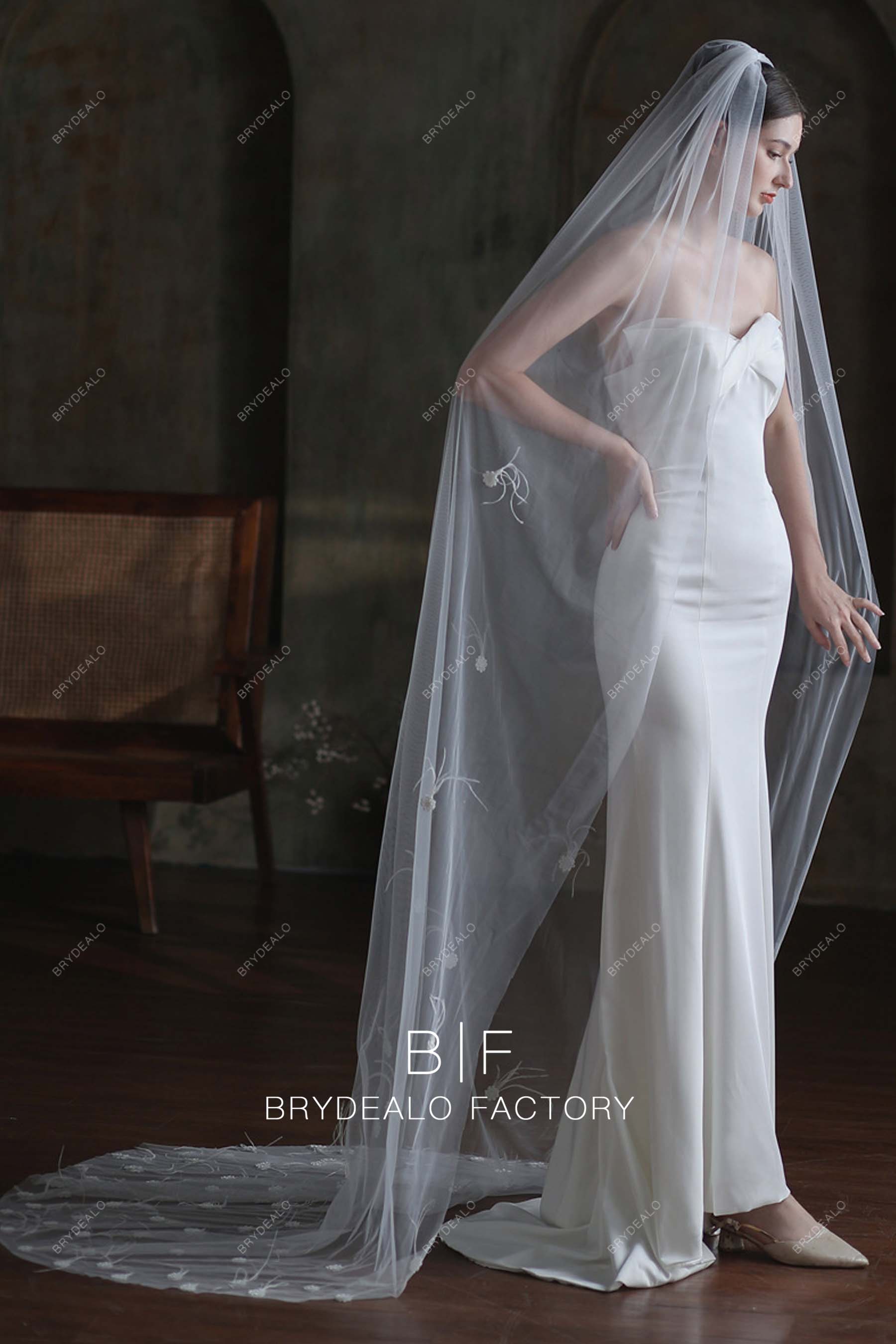 Ostrich Feathers Scattered Chapel Length Wedding Veil