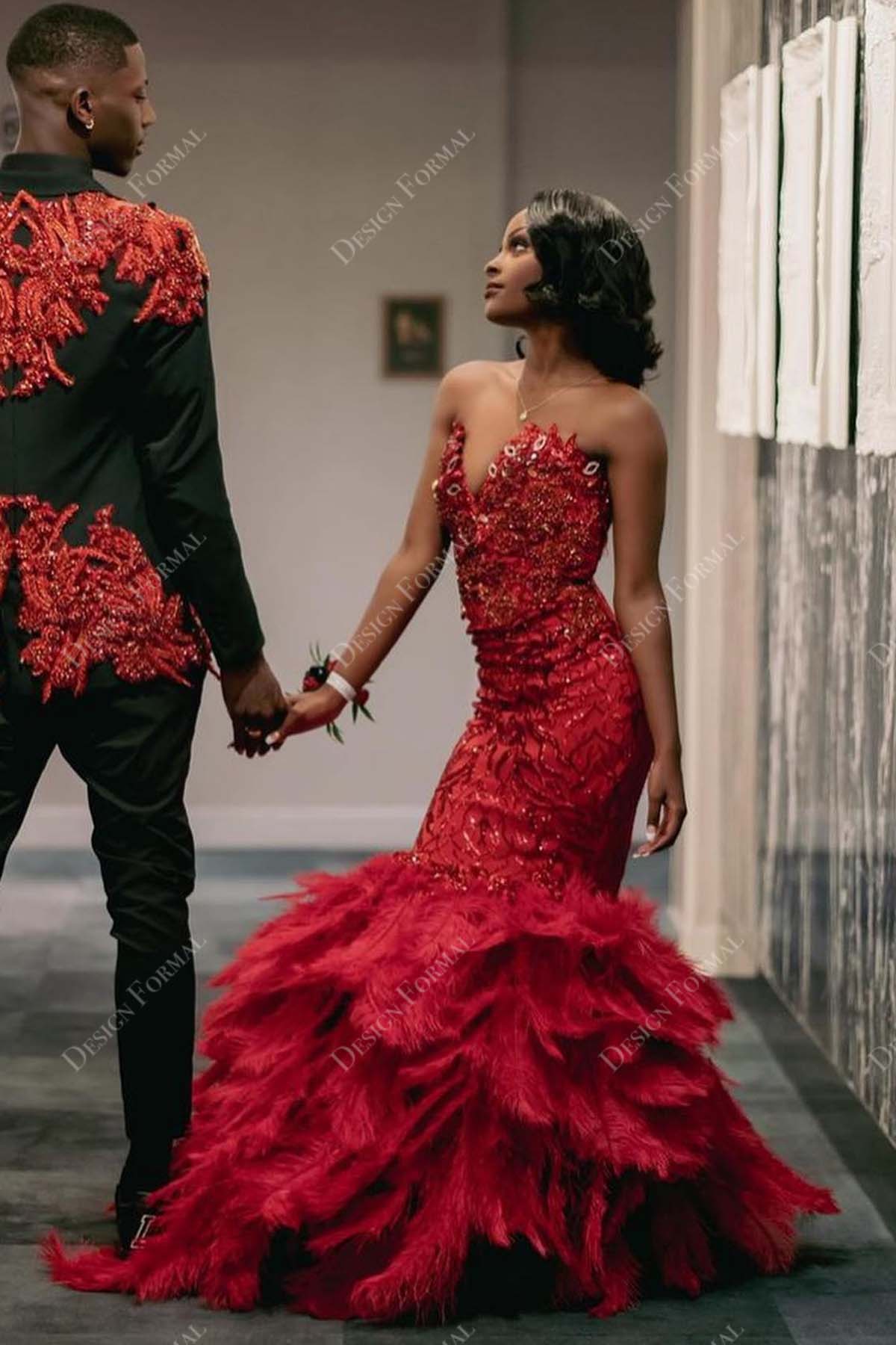 feathered strapless red sequin prom gown