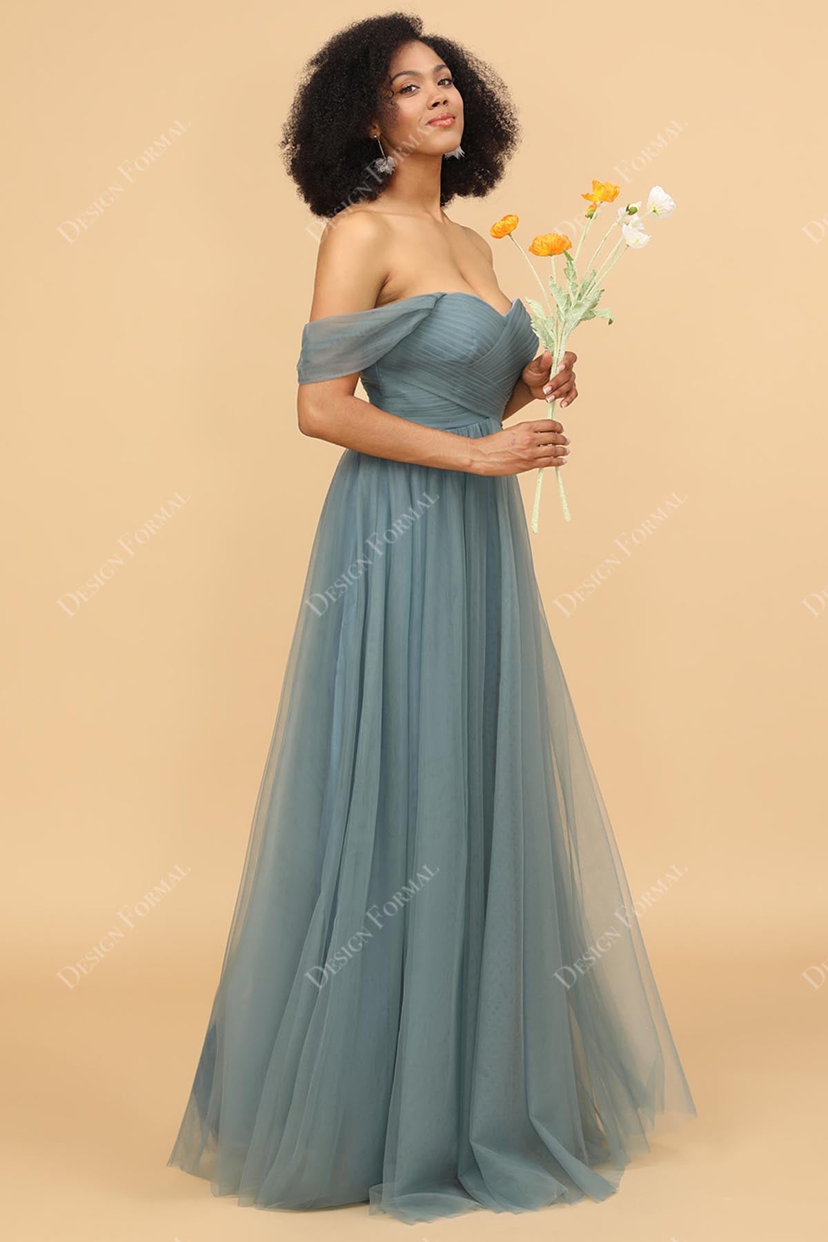 floor length A-line tulle bridesmaid gown