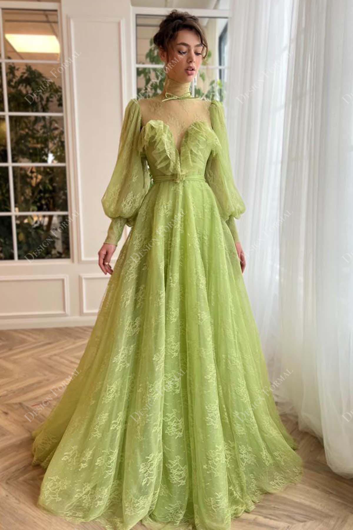 floor length designer lace green prom gown