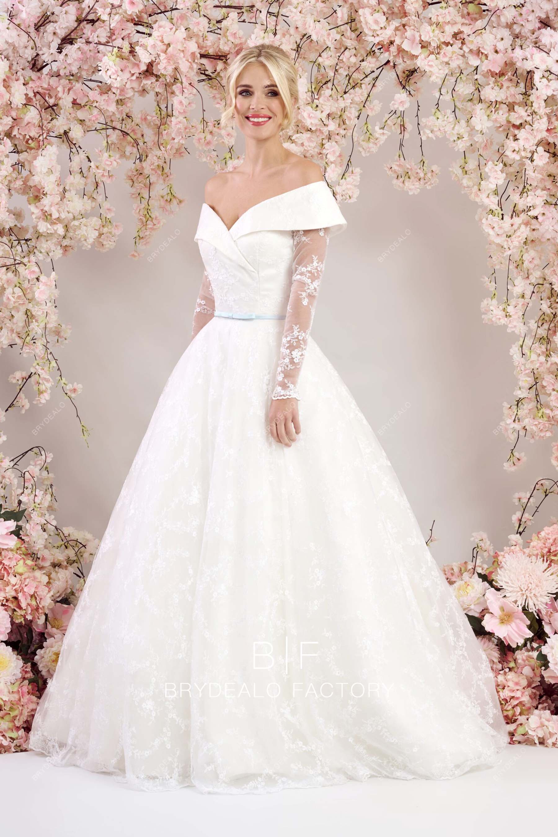 princess off shoulder floor length lace elegant wedding gown