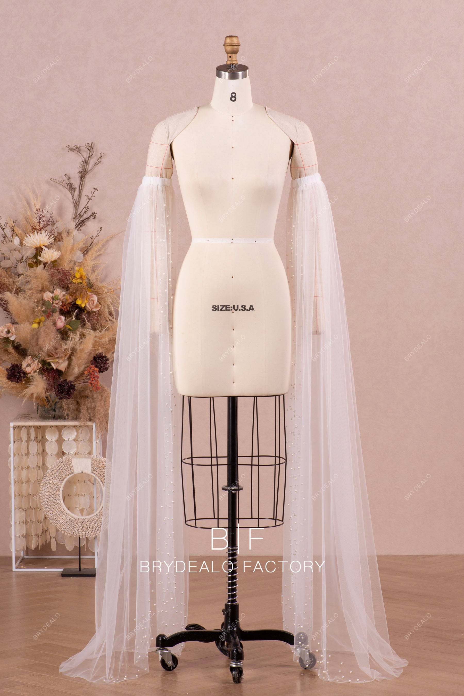 Pearls Floor Length Angel Sleeves Bridal Tulle Wedding Separates