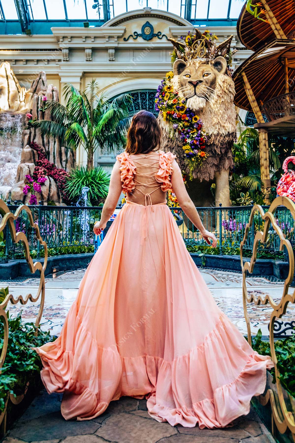 floor length ruffled chiffon sleeveless formal dress