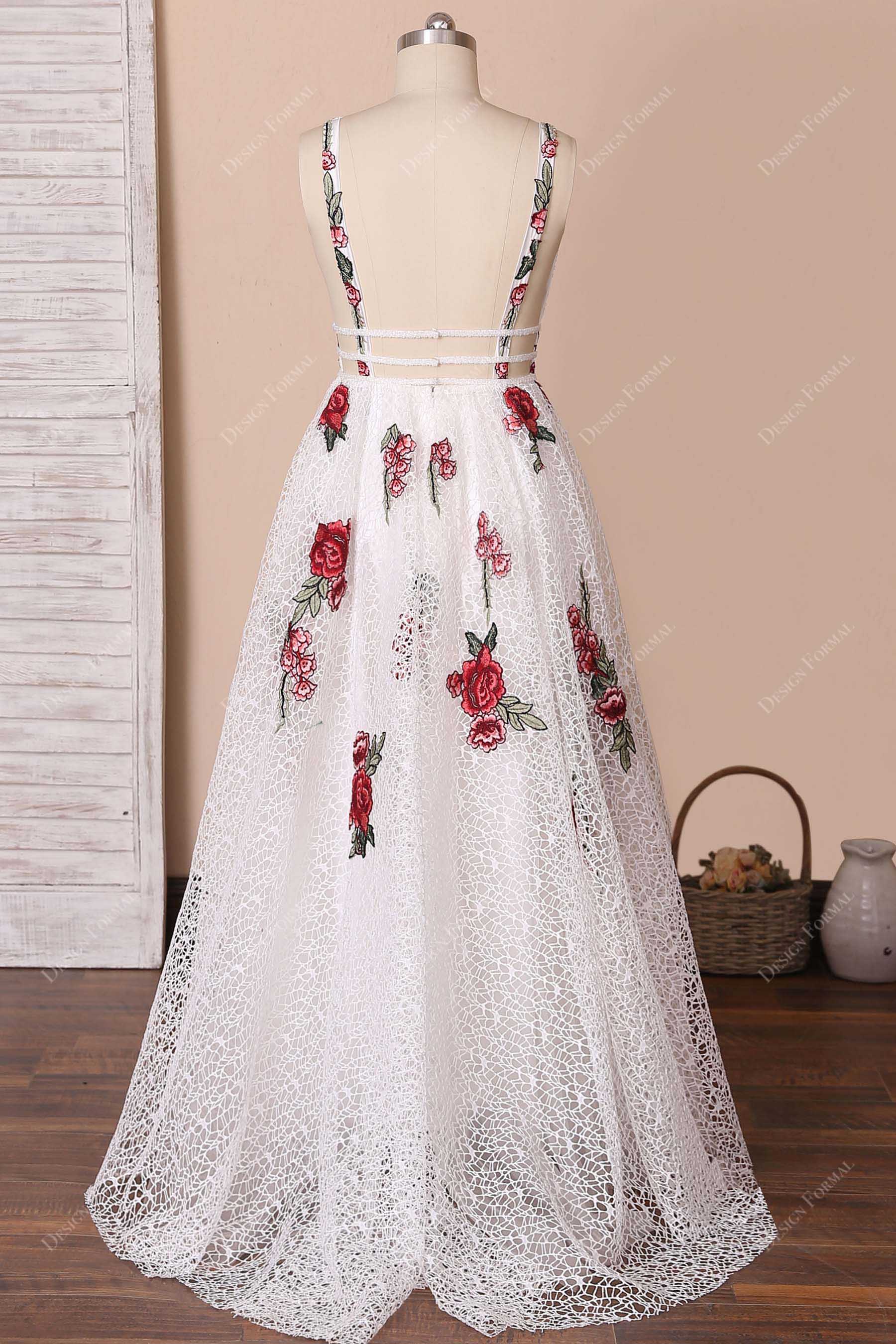 floor length white lace open back prom dress