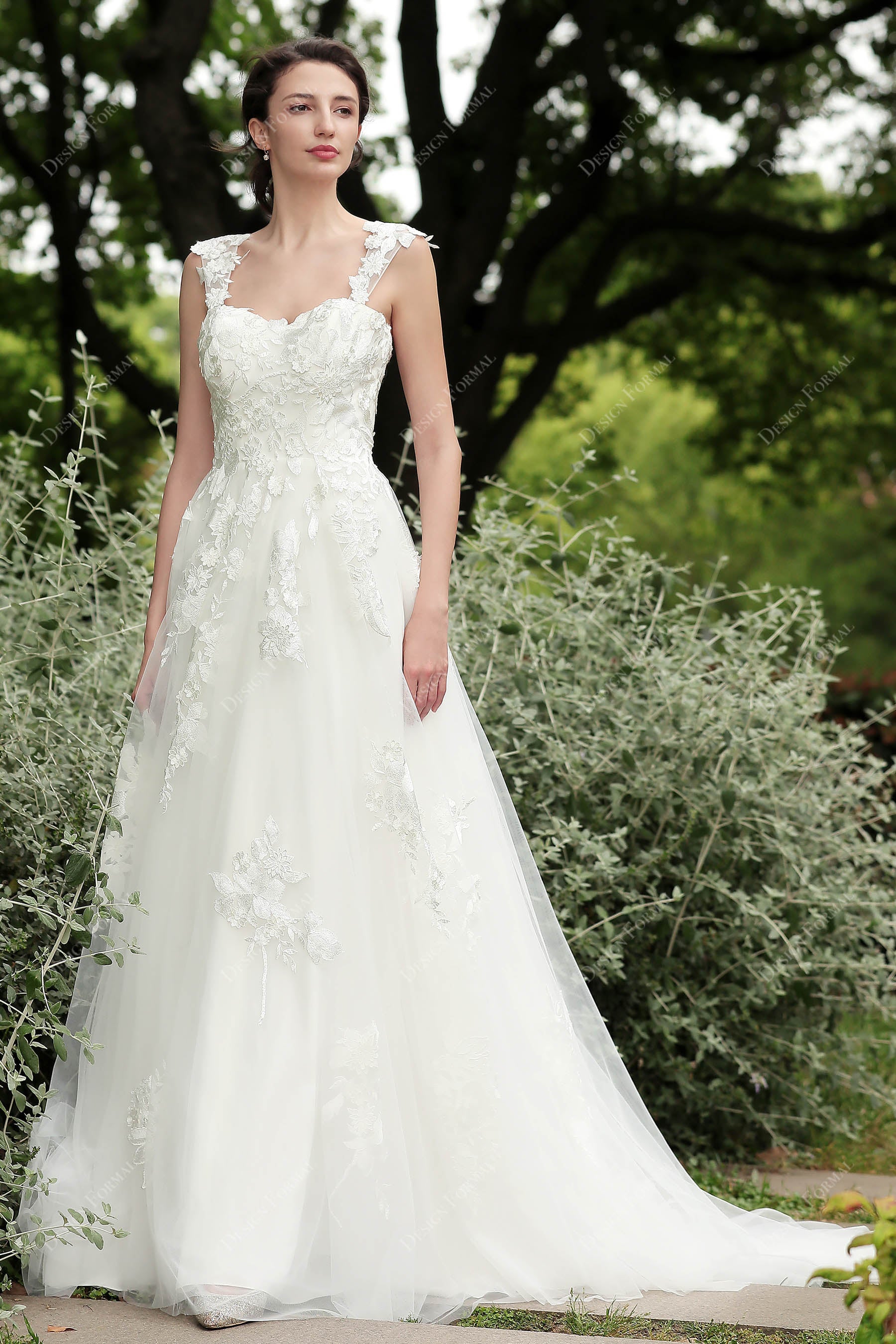Light Ivory Floral Lace Straps A-line Wedding Dress