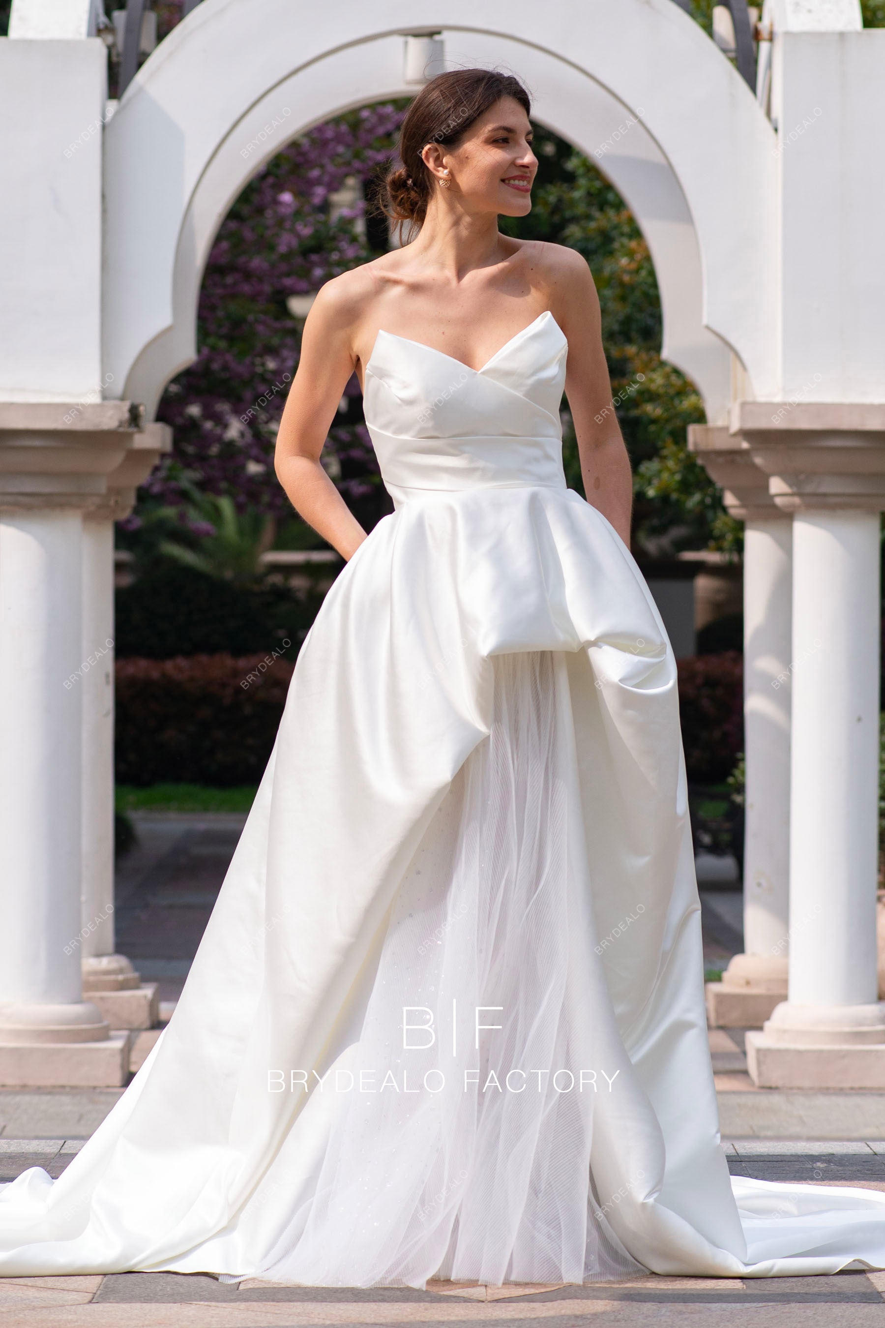 Ivory Strapless Designer Satin Pockets Overlaid Nude Wedding Dress