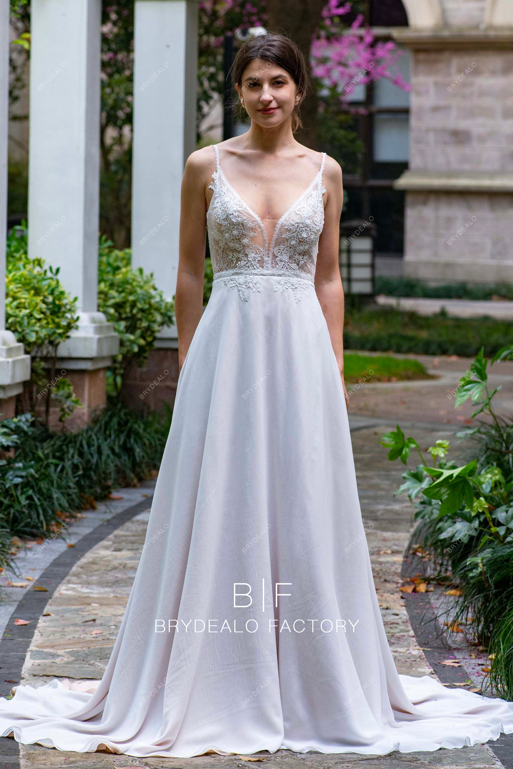 Airy Flower Lace Plunging Chiffon A-line Boho Nude Wedding Dress Airy Flower Lace Plunging Chiffon A-line Boho Nude Wedding Dress