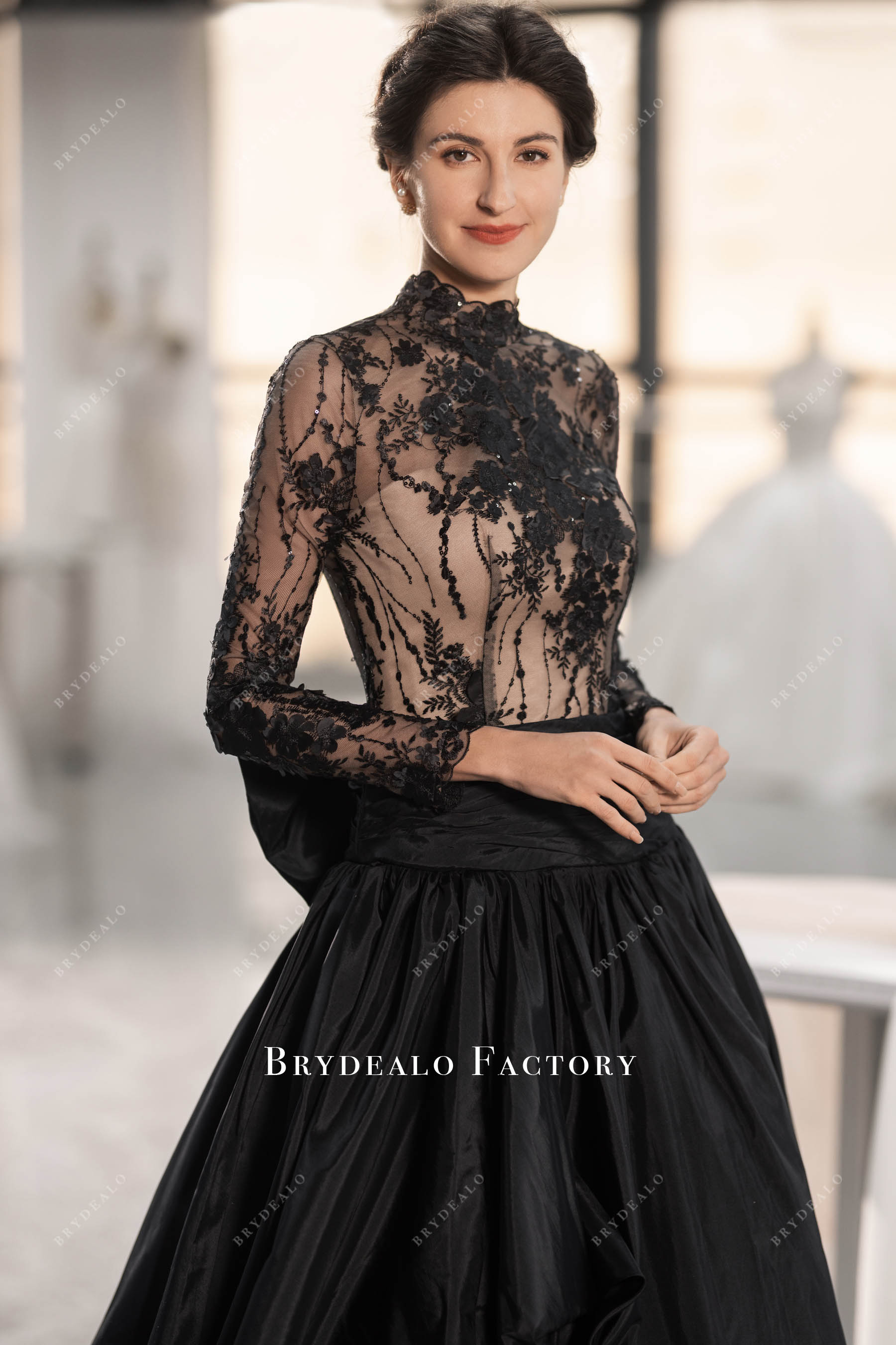 Gothic Black Lace Mock Neck Taffeta Ball Gown Wedding Dress, White Gothic Black Lace Mock Neck Taffeta Ball Gown Wedding Dress, White