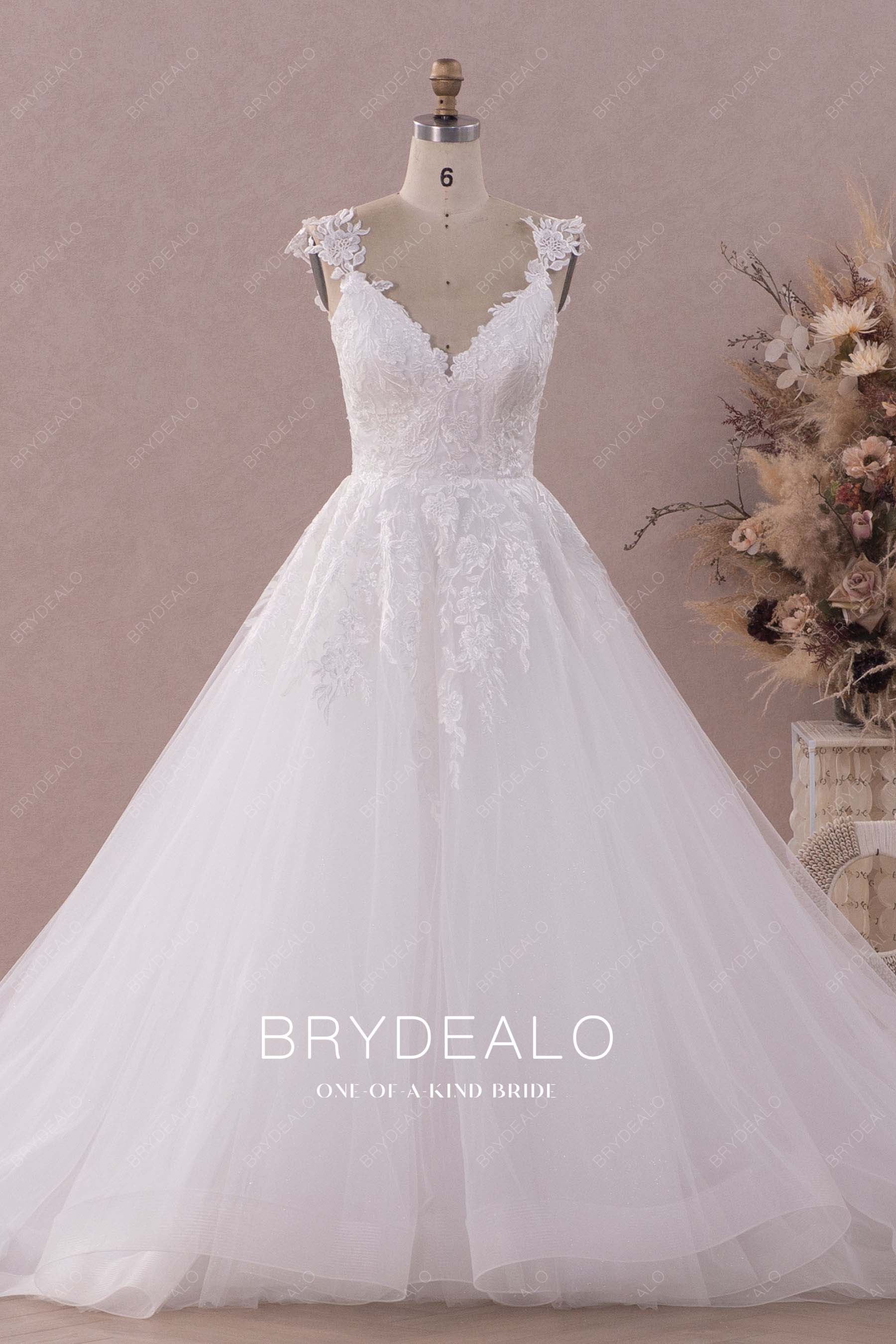 Designer Lace Strap Shimmery Tulle Puffy A-line Princess Wedding Dress Designer Lace Strap Shimmery Tulle Puffy A-line Princess Wedding Dress