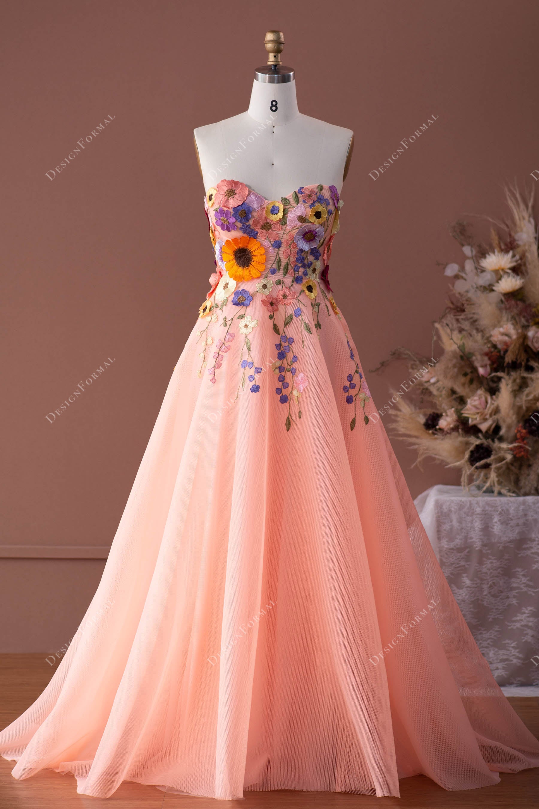 Peach Pink Flower Sweetheart A-line Prom Formal Dress