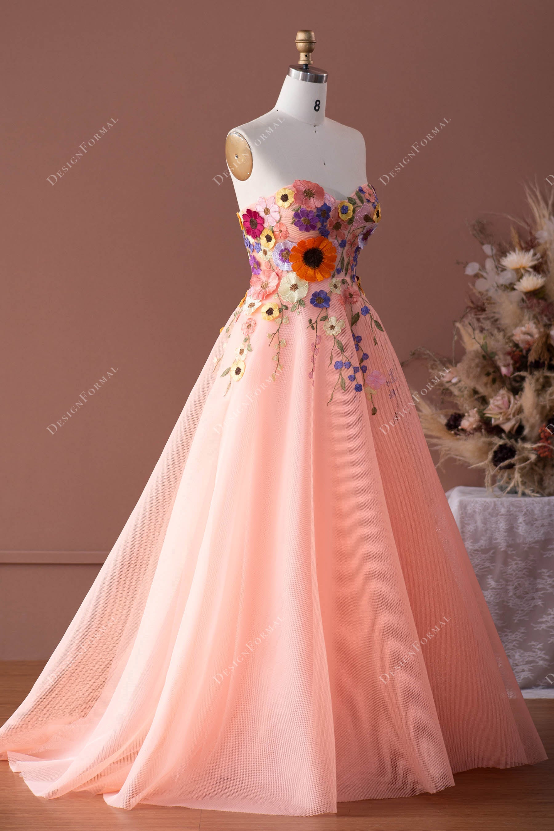 colorful flowers ball gown formal dress