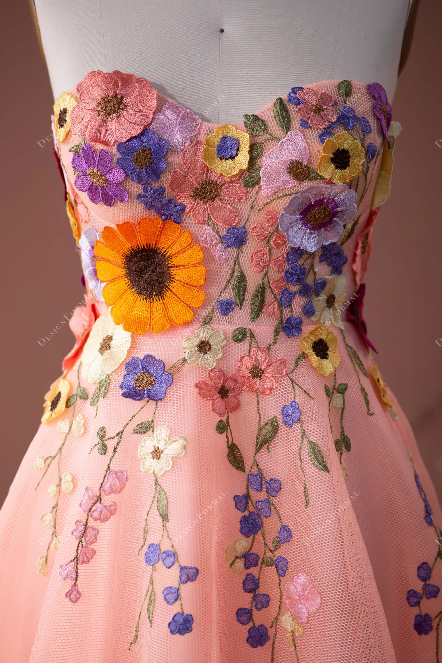 designer colored flowers sweetheart formal gown