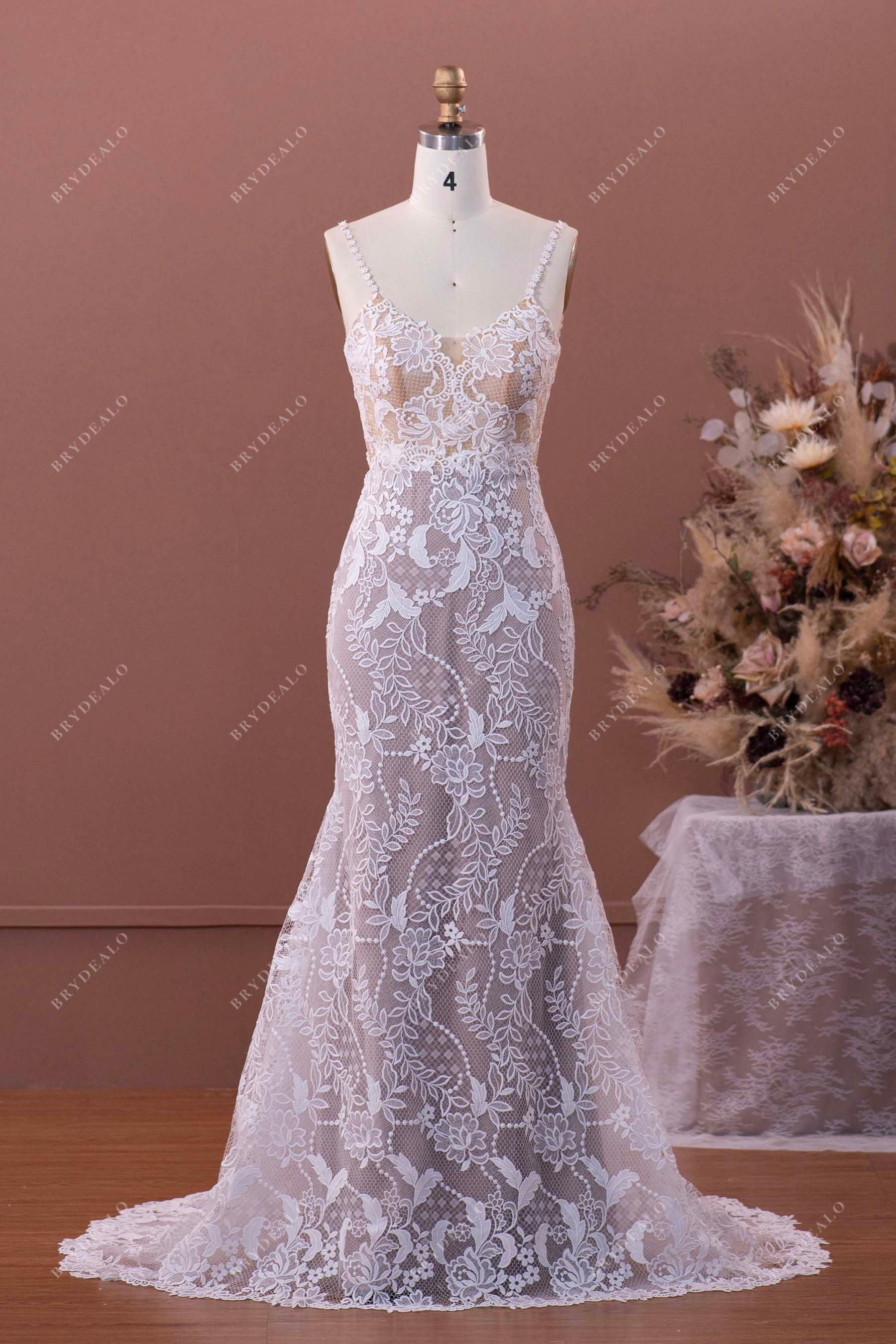 Romantic Flower Straps Lace Nude Beige Mermaid Wedding Dress, Light Ivory Romantic Flower Straps Lace Nude Beige Mermaid Wedding Dress, Light Ivory