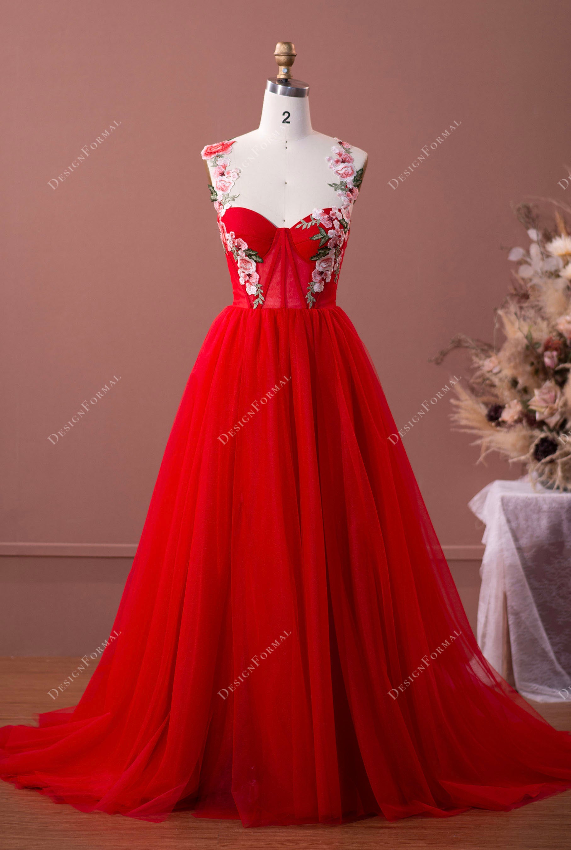 Romantic Flower Straps Red Tulle Slit Fairy Formal Dress Romantic Flower Straps Red Tulle Slit Fairy Formal Dress