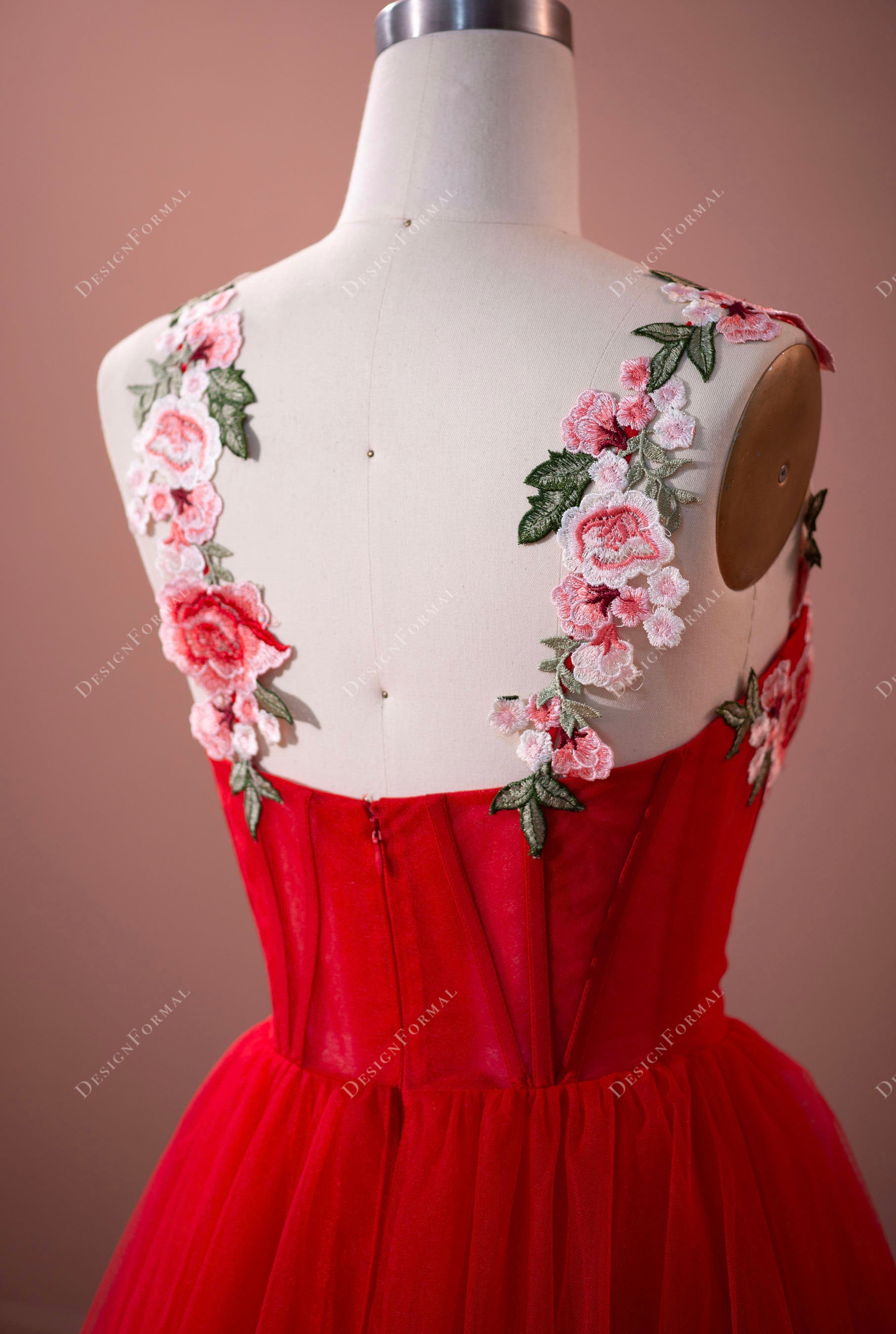 flower straps red tulle prom formal gown