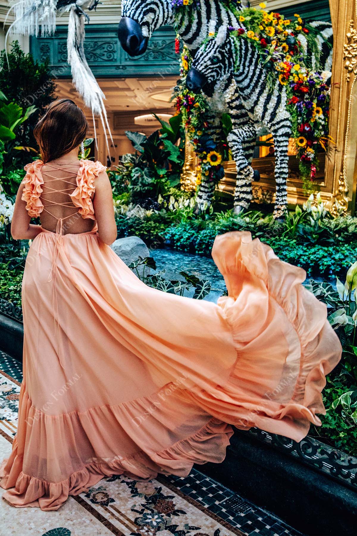 flowy A-line chiffon strappy back prom dress