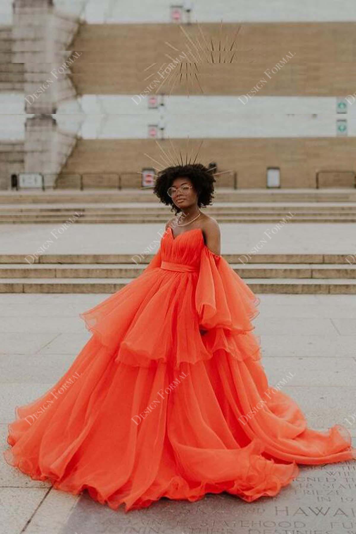 Orange Organza Off-shoulder Prom Ball Gown