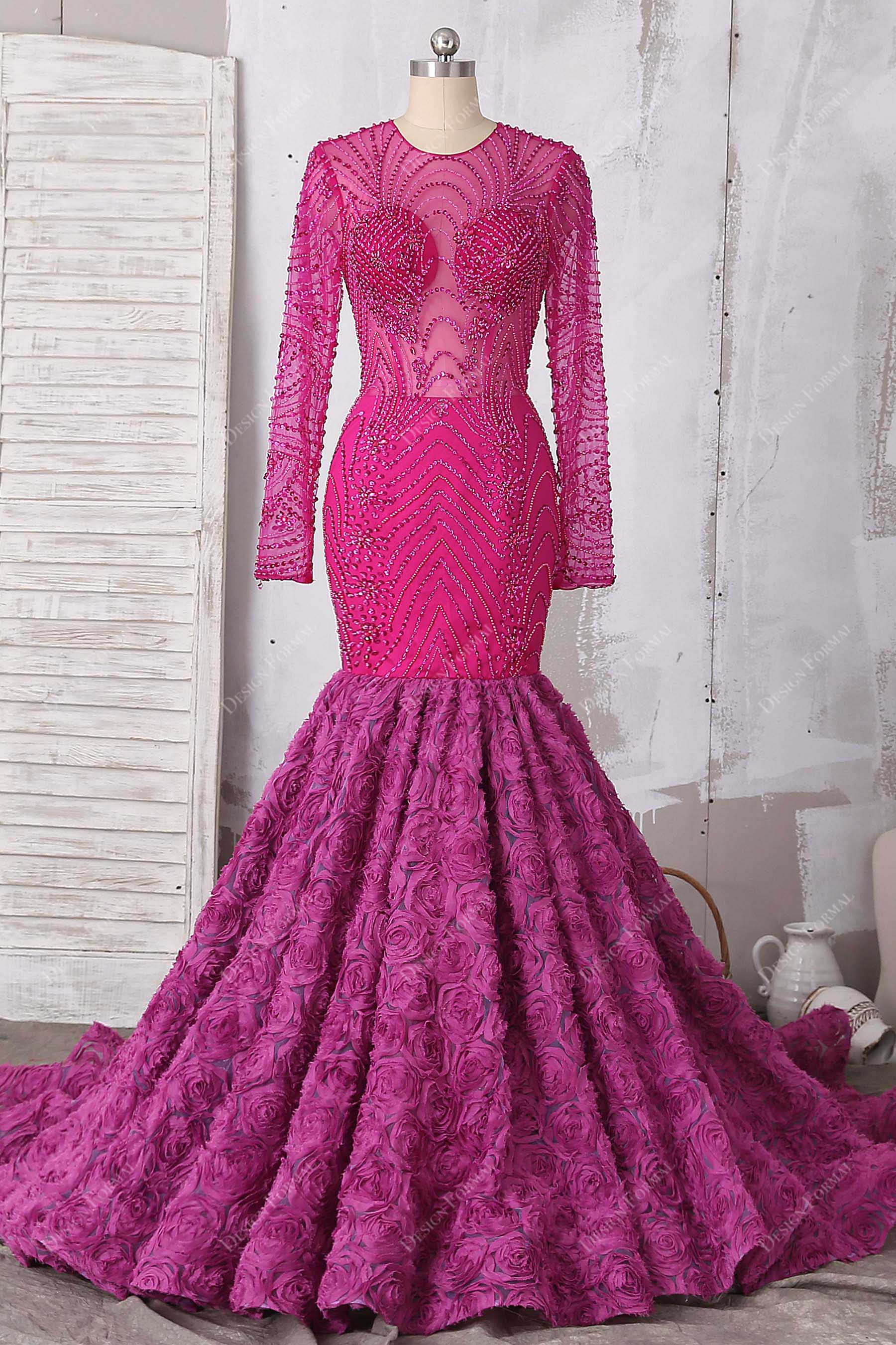 Beaded Magenta 3D Rose Dramatic Long Train Prom Dress