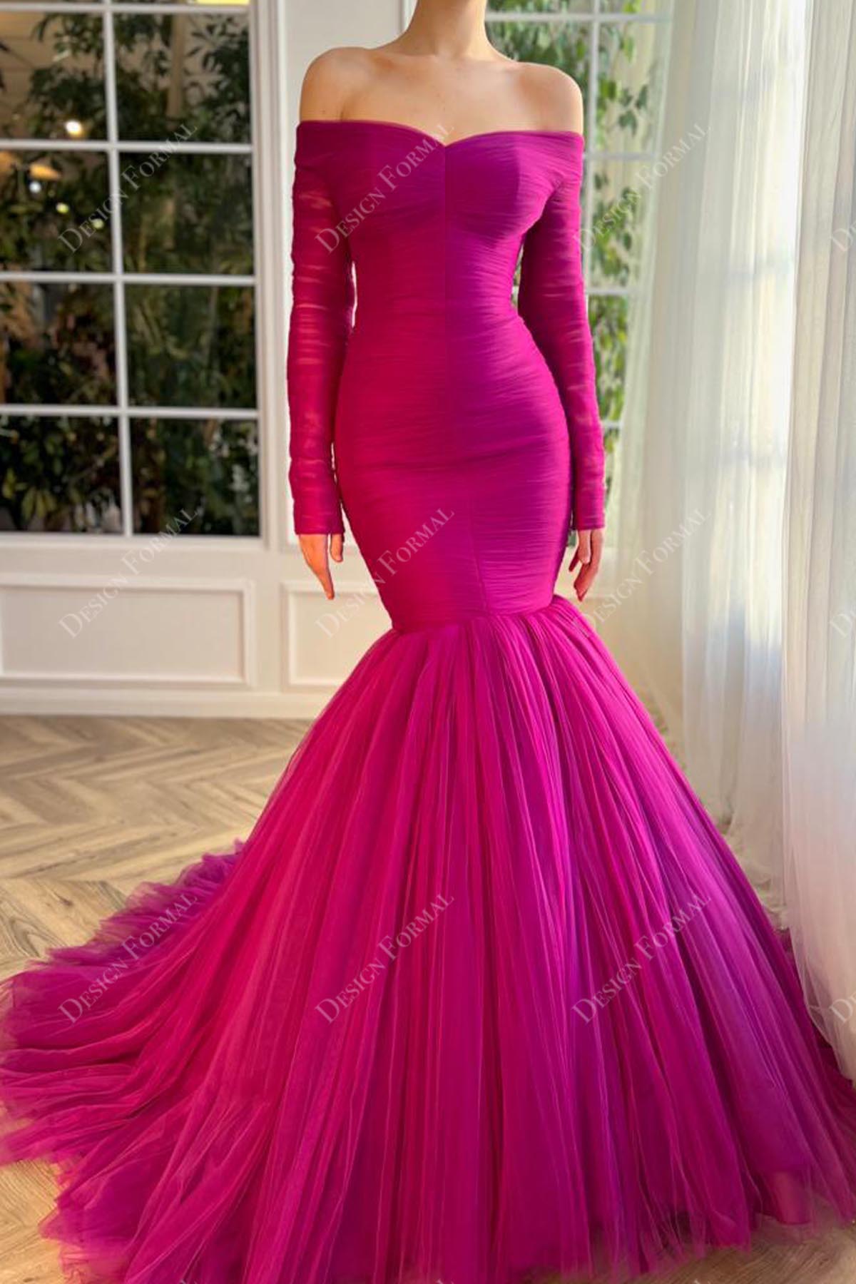 fuchsia off shoulder trumpet tulle dress