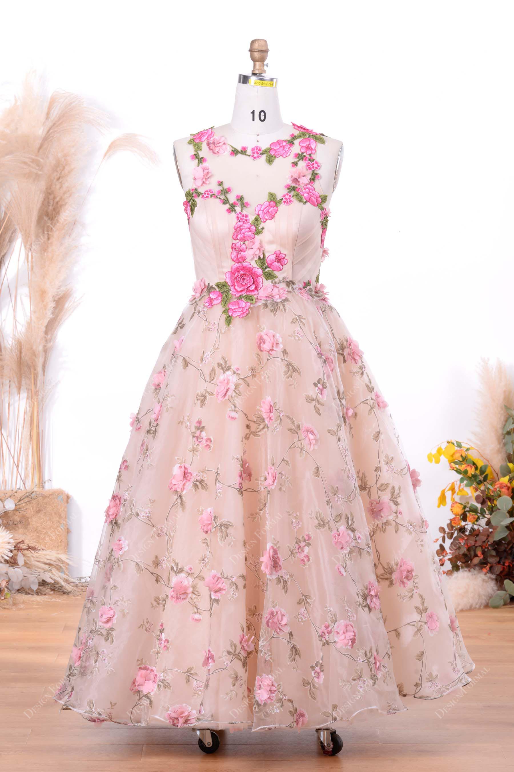 Fuchsia 3D Floral Champagne Ankle Length Formal Dress Fuchsia 3D Floral Champagne Ankle Length Formal Dress
