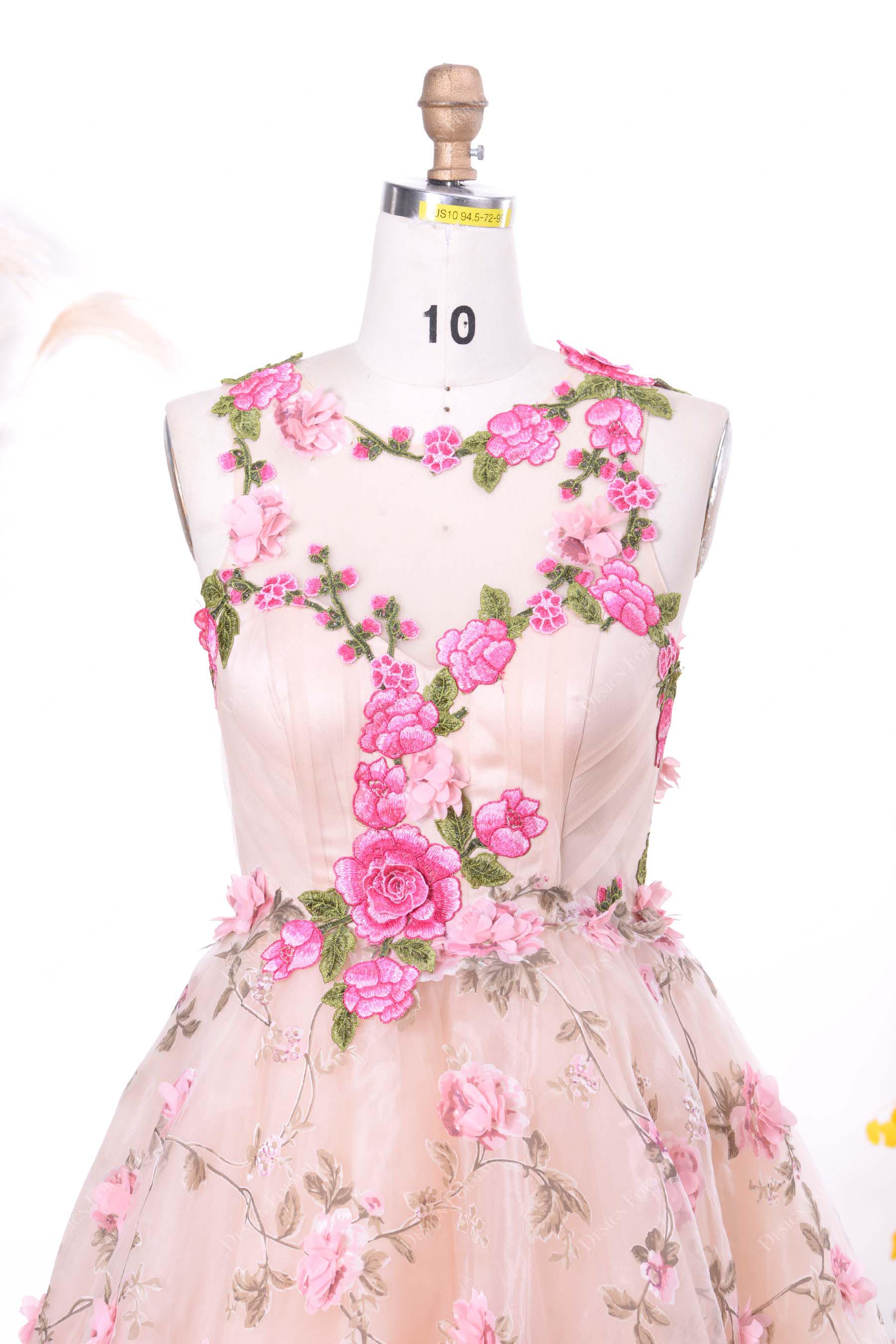 fuchsia roses illusion neck formal dress