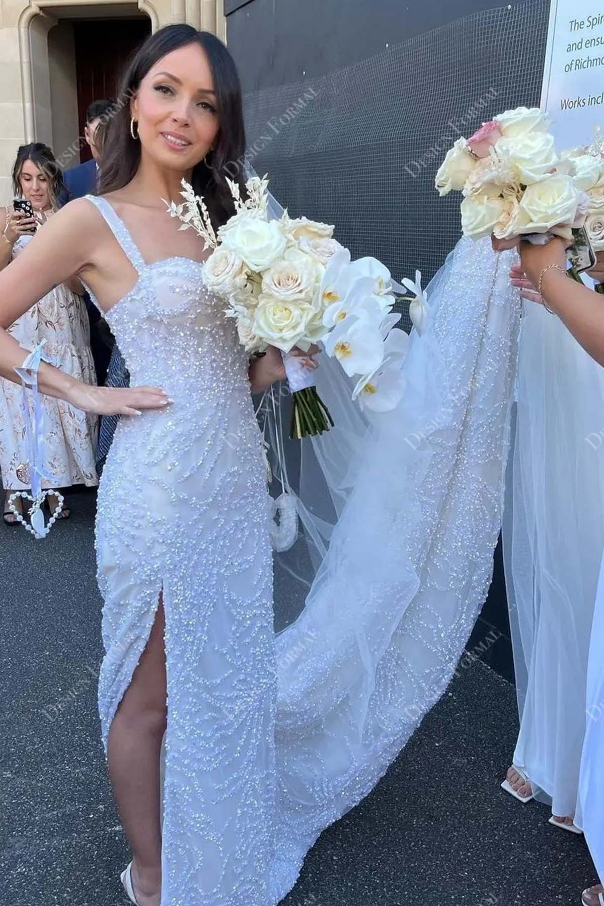 Glitter Straps High Slit Bustle-Up Mermaid Long Wedding Gown