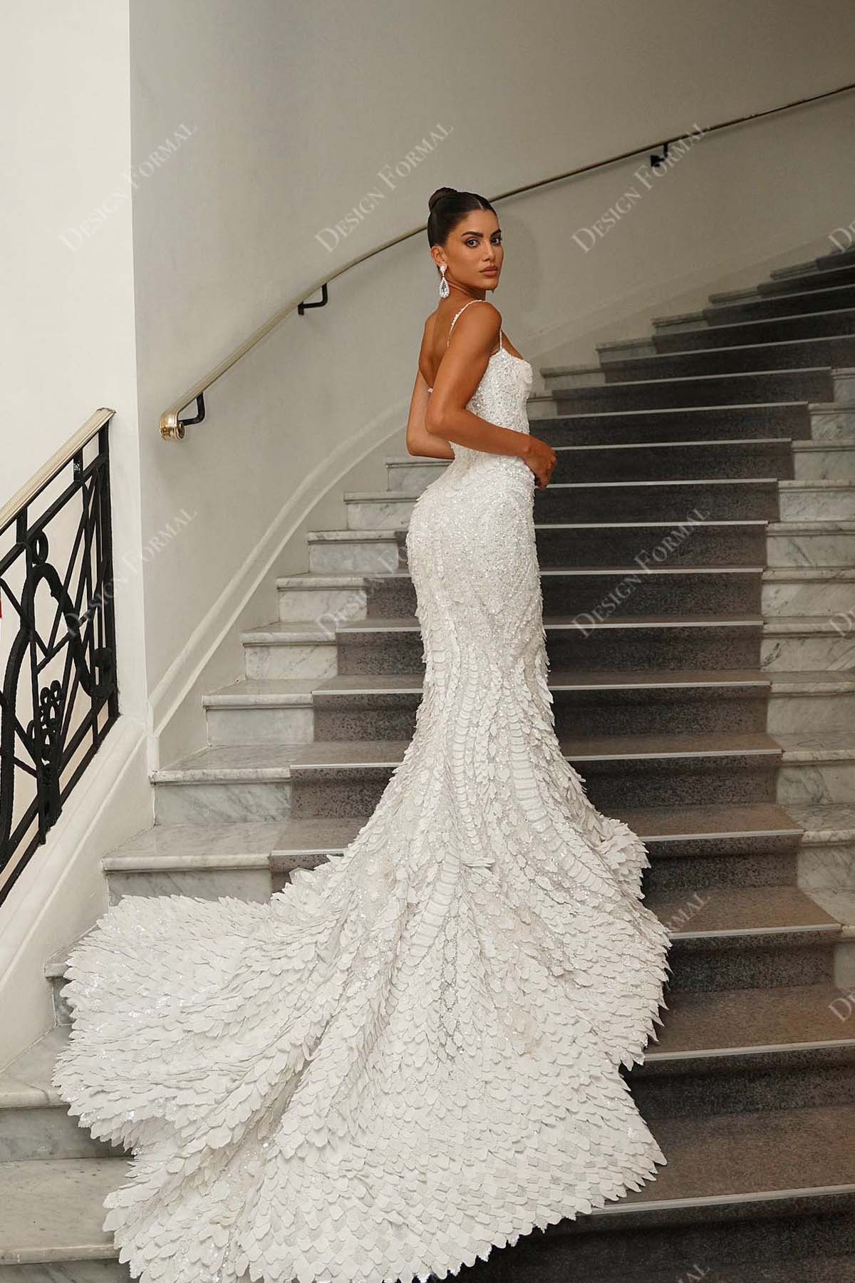 glitter leaves spaghetti straps long train mermaid low back bridal dress