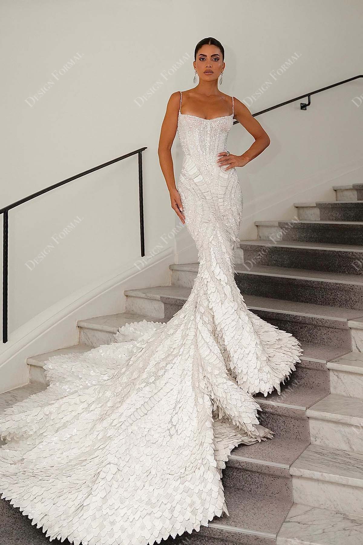 glitter leaves spaghetti straps mermaid long train wedding dress