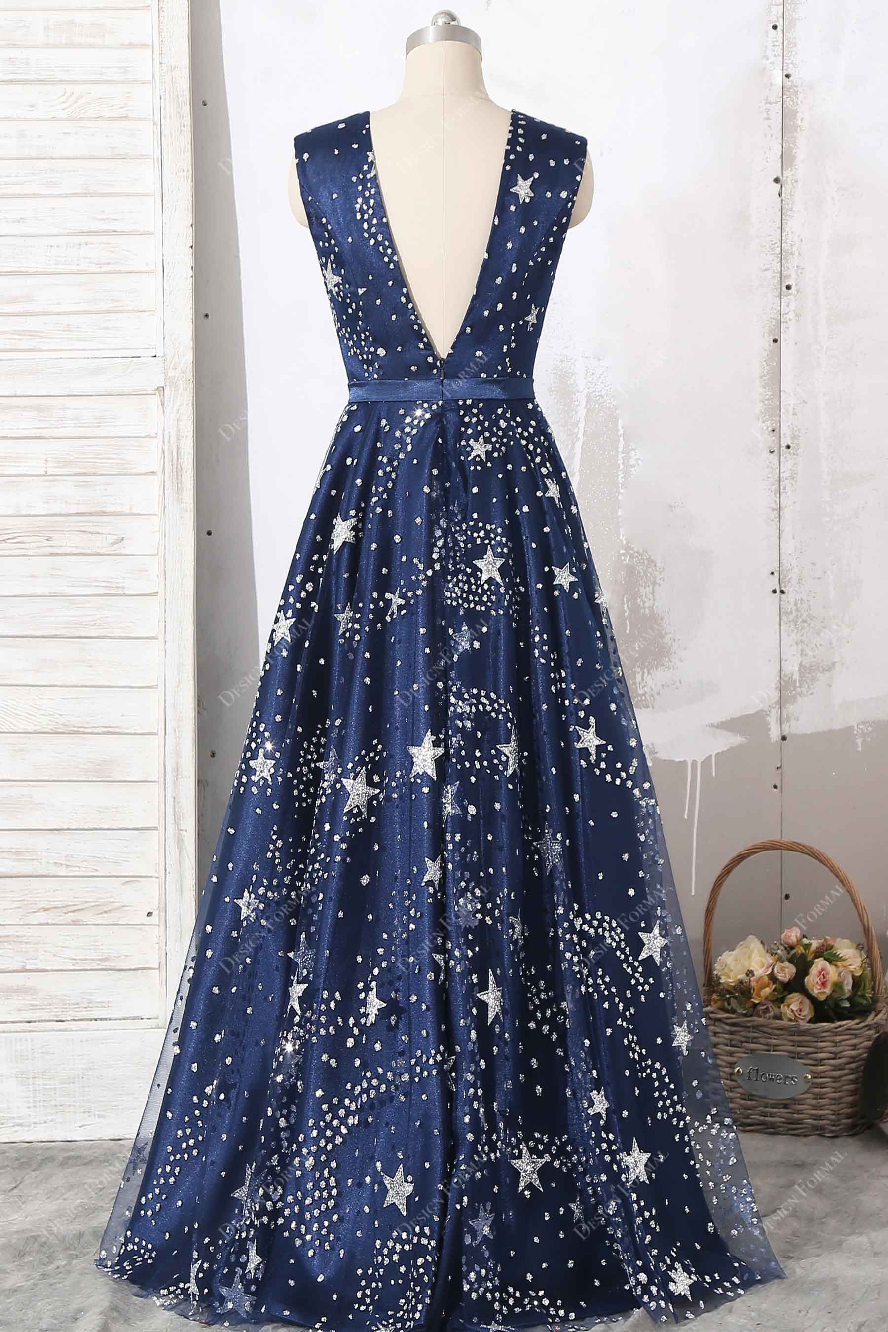 glitter stars navy tulle V-back formal dress